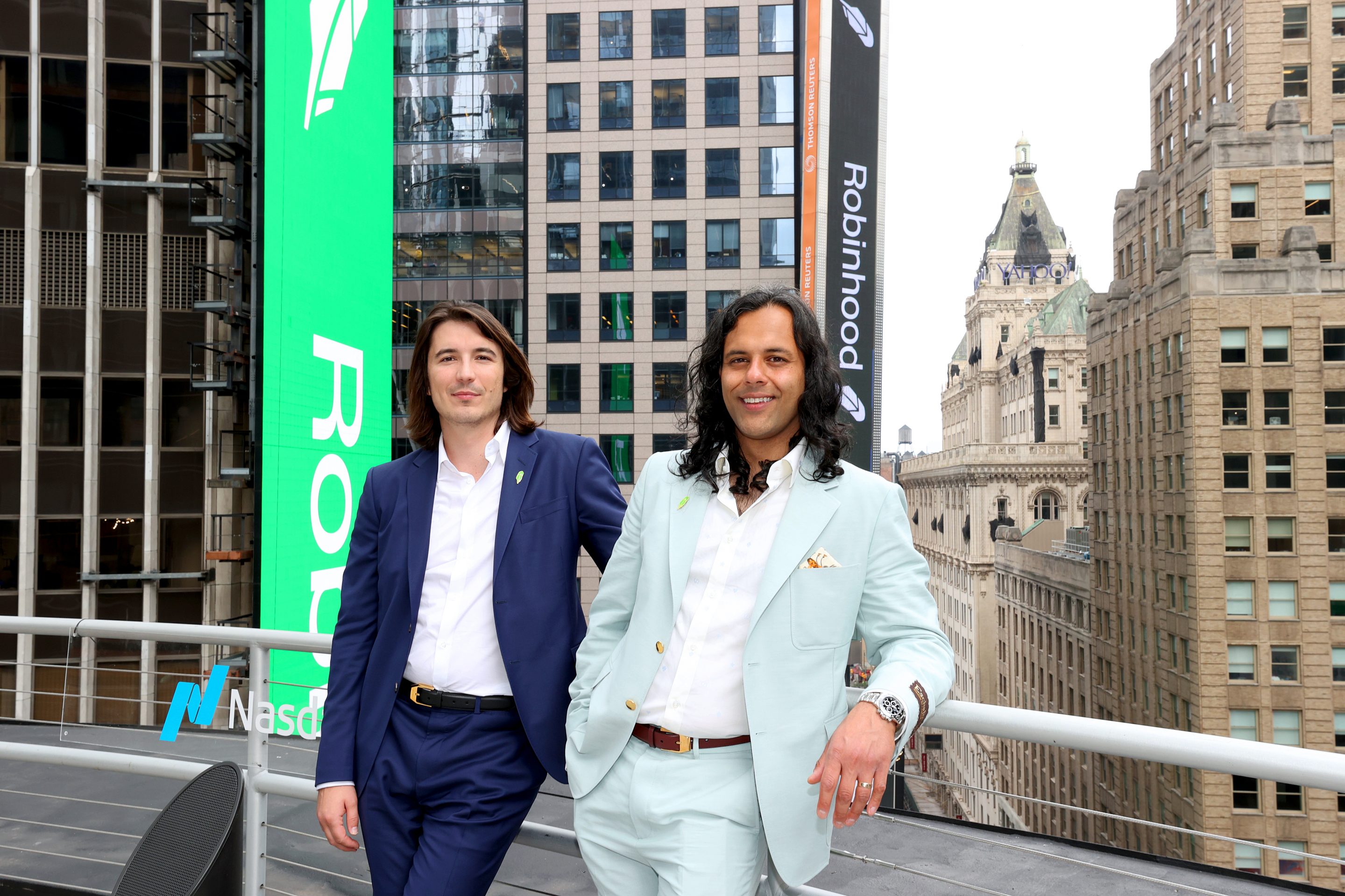 Vlad Tenev and Baiju Bhatt attend Robinhood Markets IPO Listing Day on July 29, 2021 in New York City.