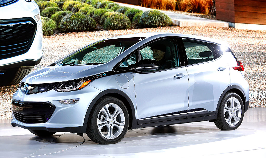 The all-electric Chevrolet Bolt EV is shown on stage after it won the Car of the Year Award at the 2017 North American International Auto Show on January 9, 2017 in Detroit, Mich.  
