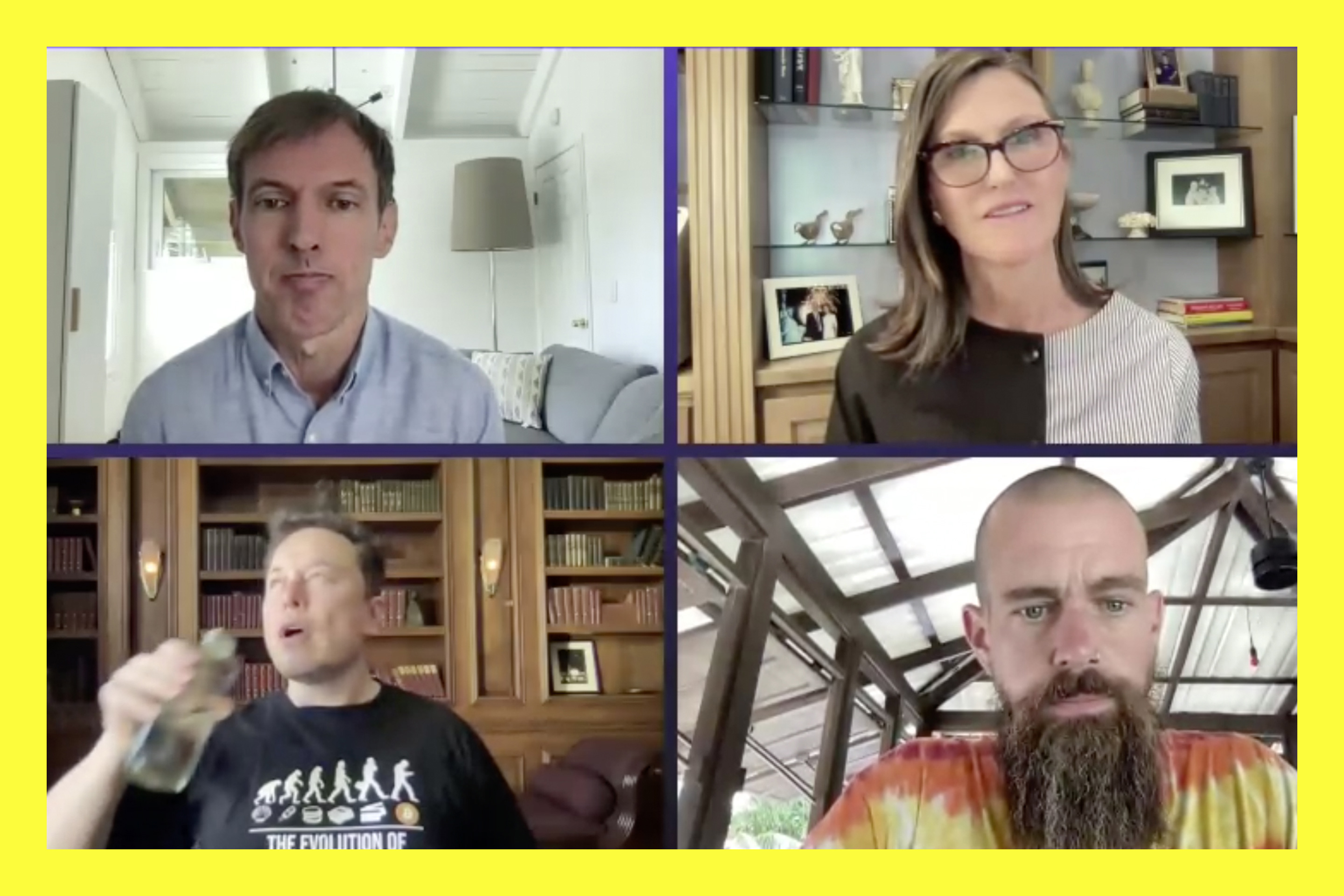 Clockwise, from top left: Square Crypto‘s Steve Lee, ARK Invest CEO Cathie Wood, Square and Twitter CEO Jack Dorsey, and Tesla CEO Elon Musk.