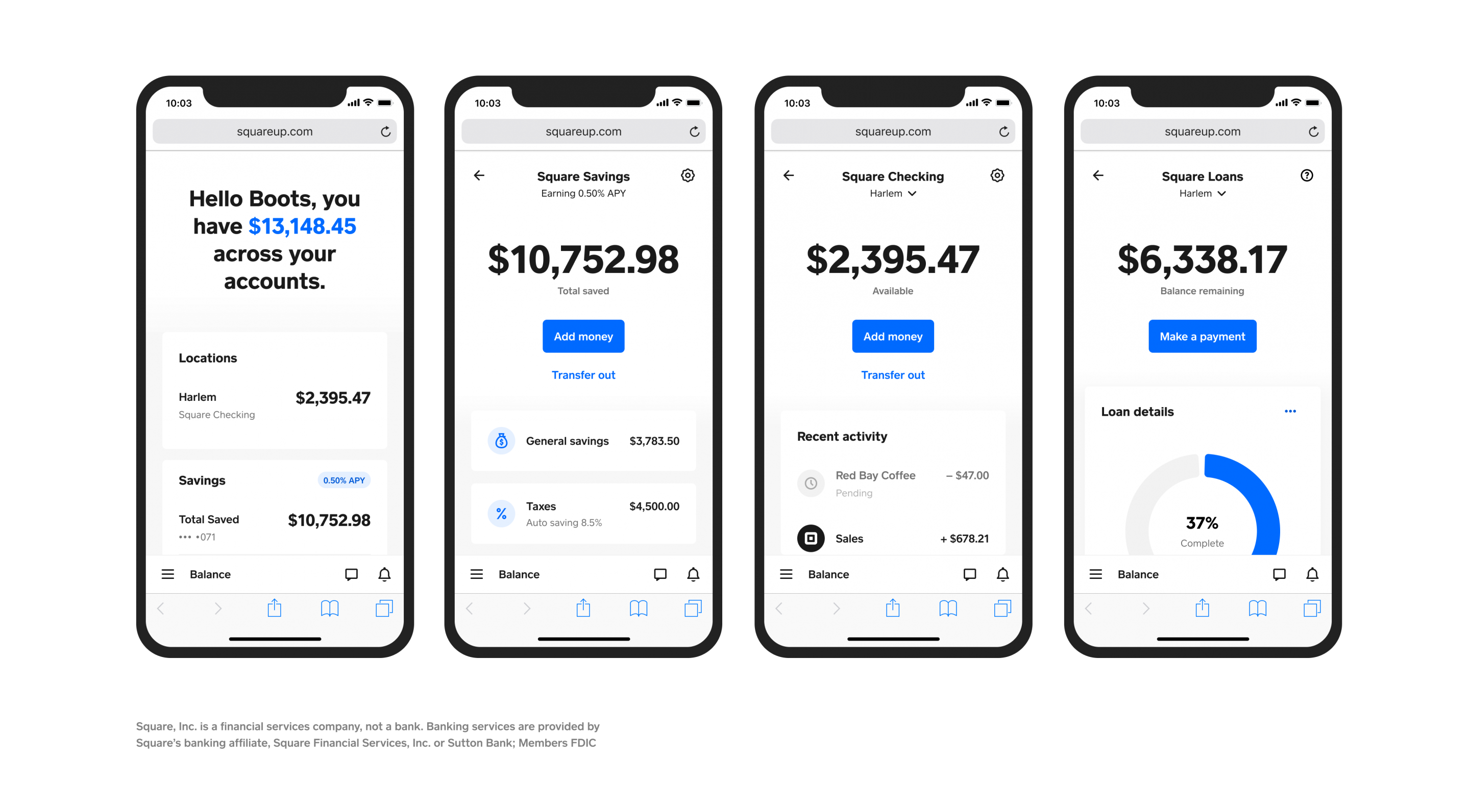 Mobile screenshots of Square's checking and savings account dashboards