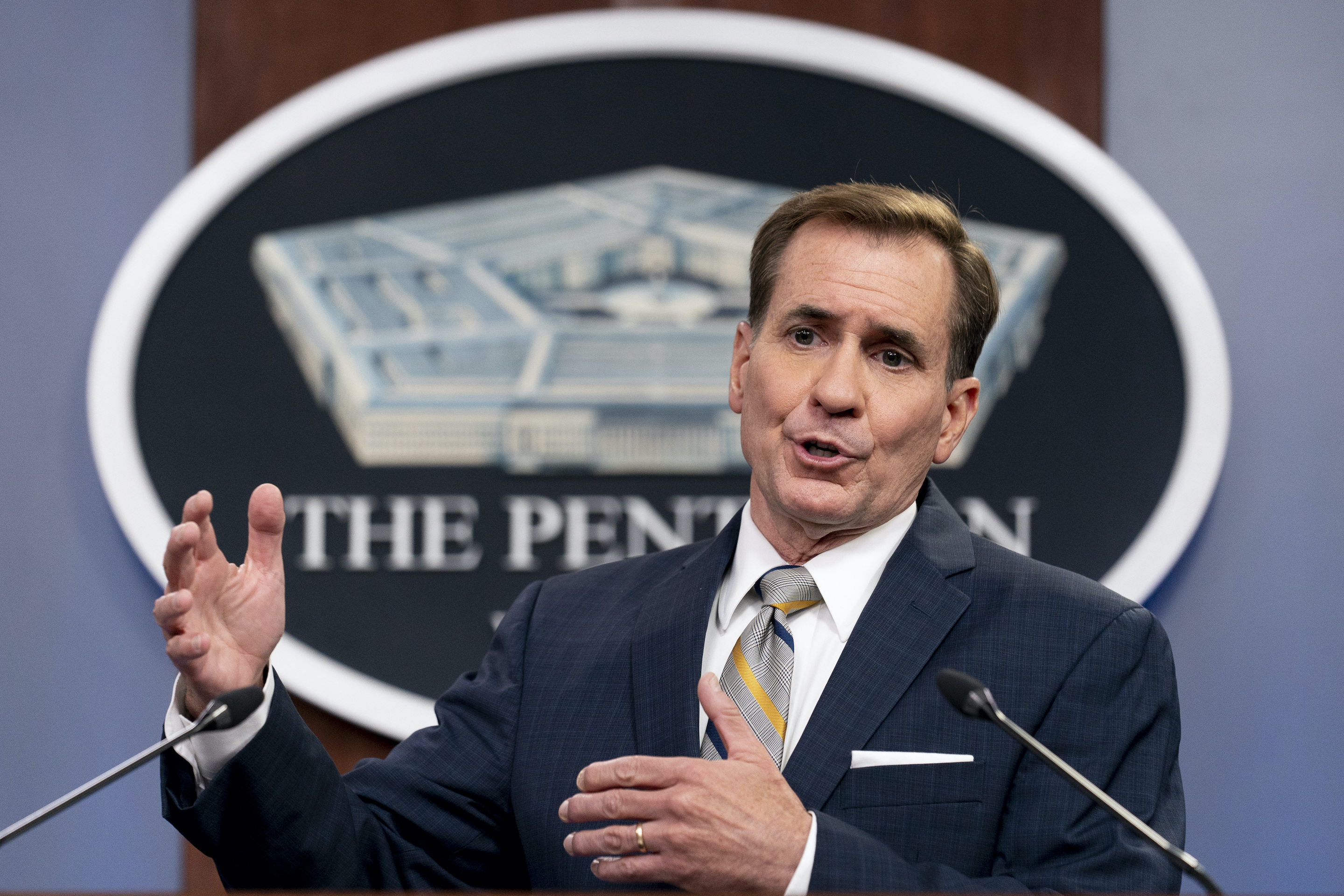 Pentagon spokesman John Kirby speaks during a briefing at the Pentagon in Washington on Aug. 12, 2021.
