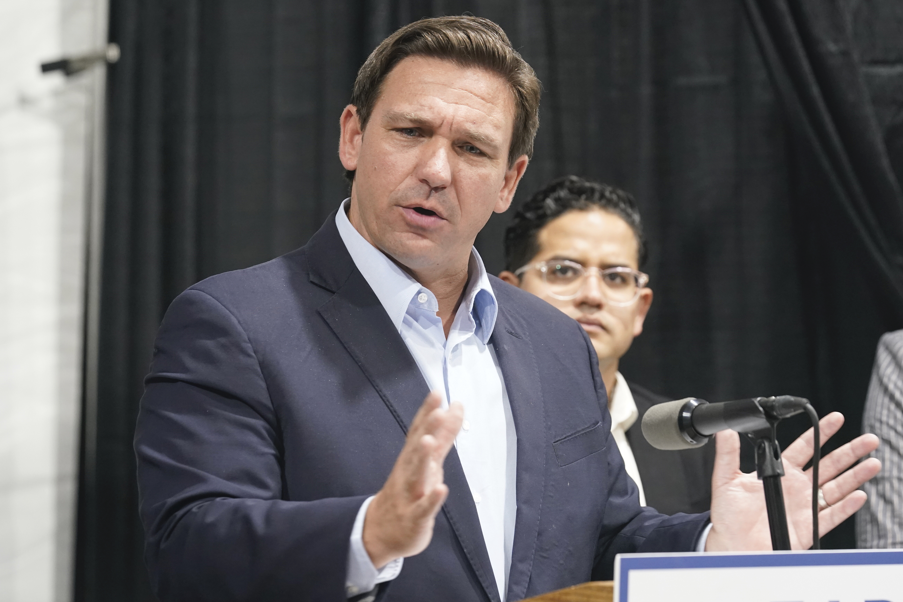 Florida Governor Ron DeSantis speaks at the opening of a monoclonal antibody site on Aug. 18, 2021, in Pembroke Pines, Fla. The site at C. B. Smith Park will offer monoclonal antibody treatment sold by Regeneron to people who have tested positive for COVID-19.