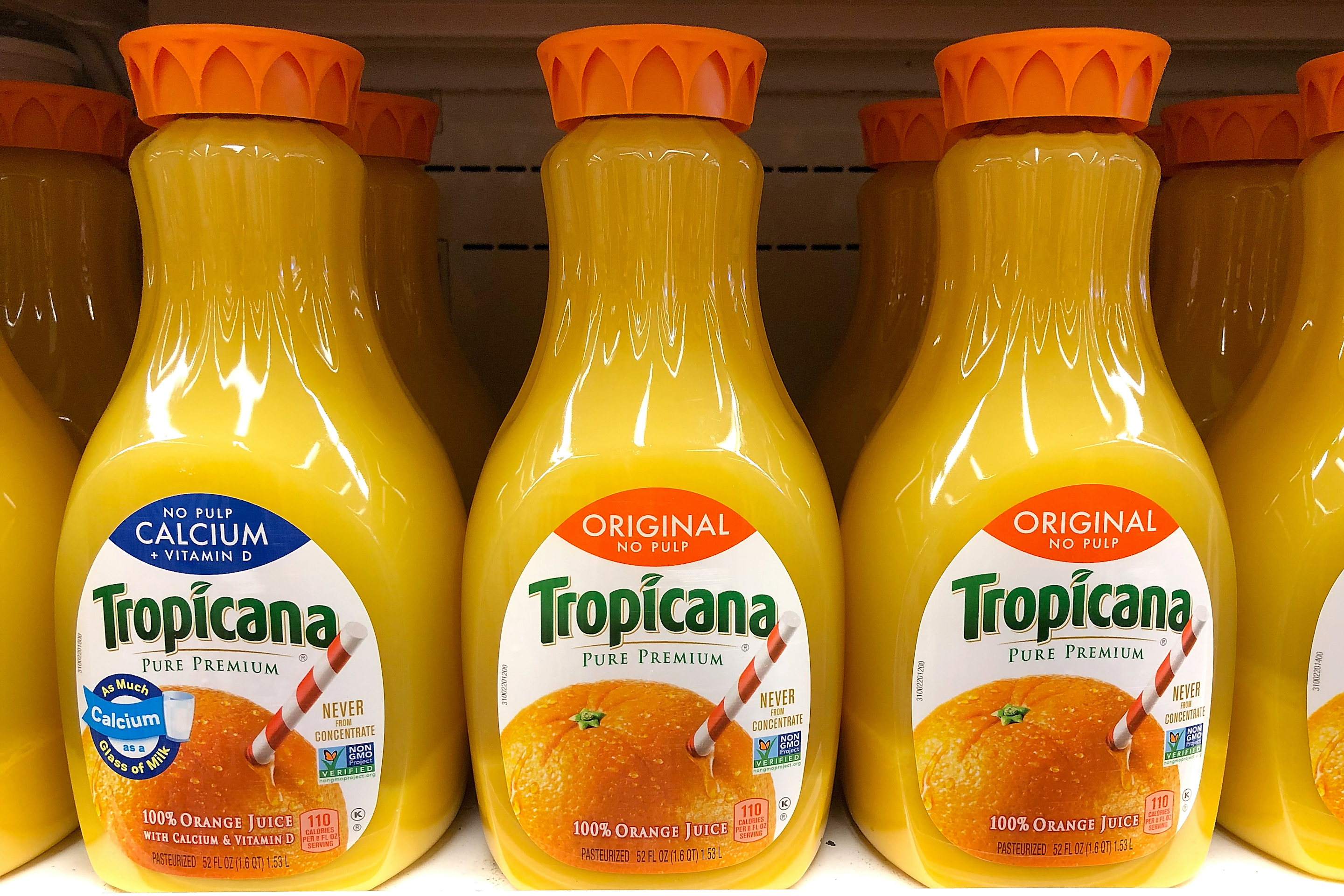 52 ounce bottles of Tropicana orange juice are displayed on a shelf at a grocery store in San Rafael, California.