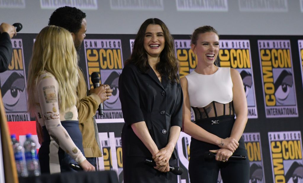 From left: Actors Florence Pugh, O-T Fagbenle, Rachel Weisz, and Scarlett Johansson present “Black Widow” at Comic-Con in San Diego on July 20, 2019.
