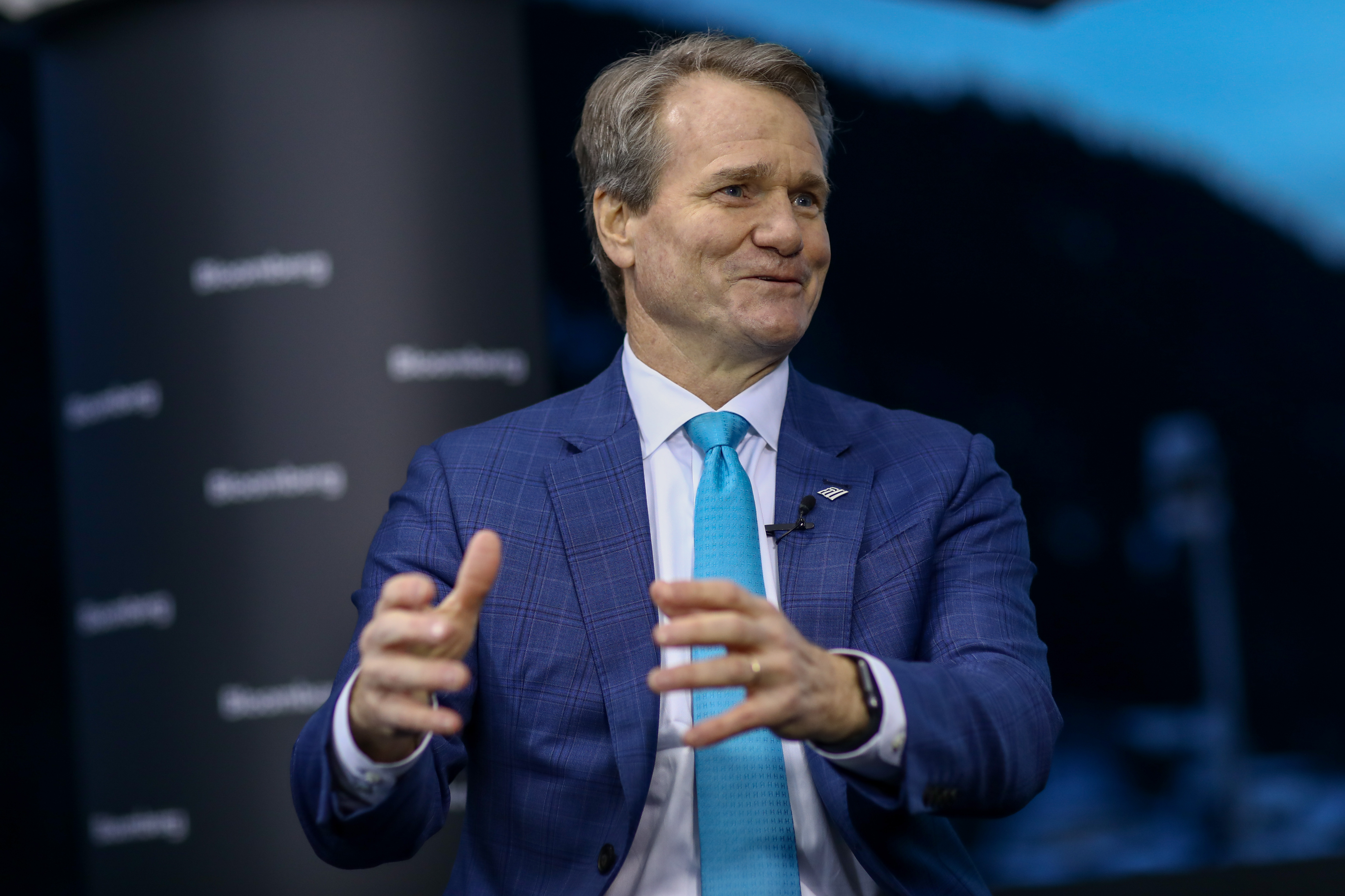 Brian Moynihan, chief executive officer of Bank of America Corp., gestures as he speaks during a Bloomberg Television interview on the opening day of the World Economic Forum (WEF) in Davos, Switzerland, on Tuesday, Jan. 21, 2020