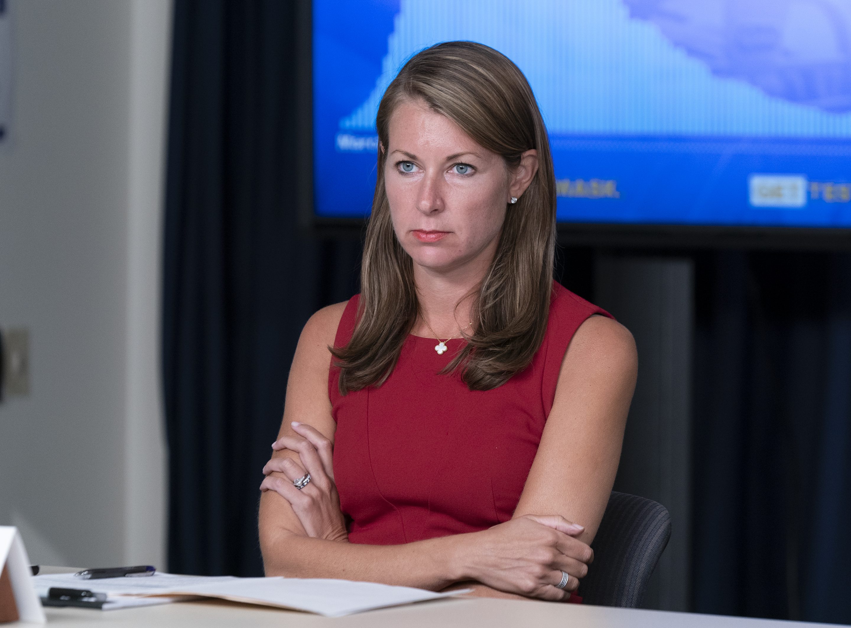 Secretary to Governor Melissa DeRosa attends the Andrew Cuomo press briefing and presentation at the 3rd Avenue office in Manhattan.
