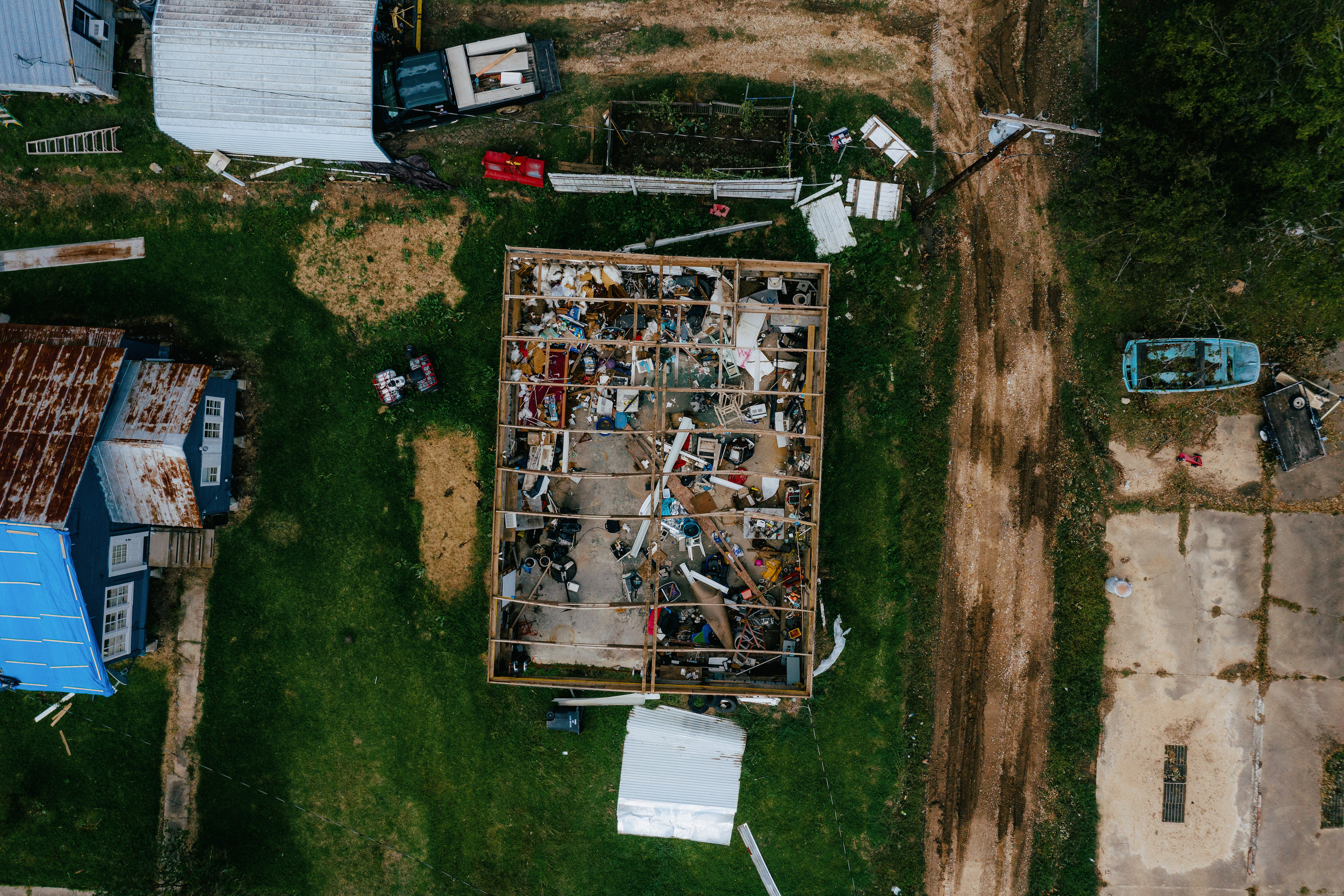 A damaged shed stands after Hurricane Delta made landfall in this aerial photograph taken above Lake Arthur, Louisiana on Oct. 11, 2020.