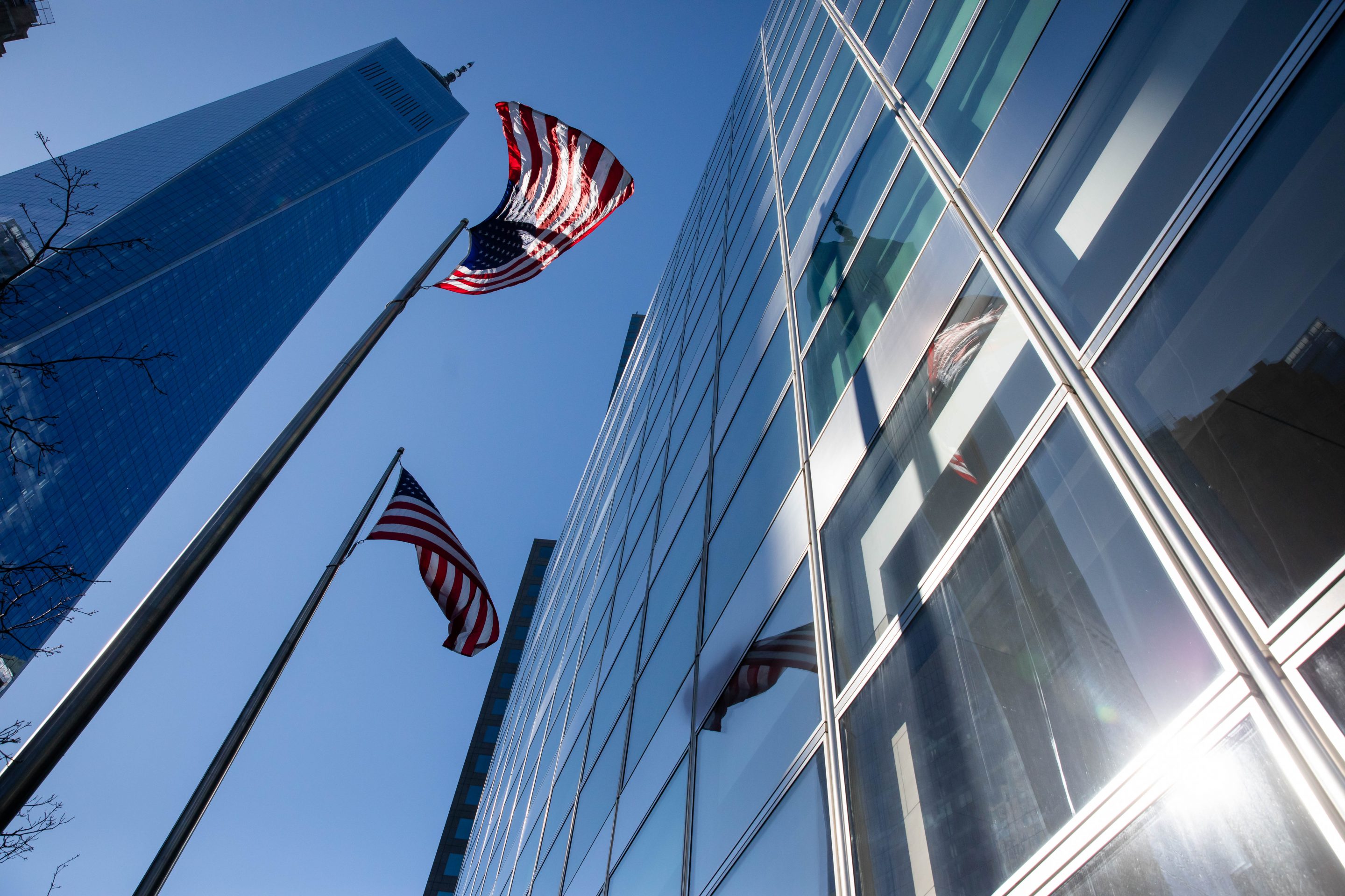 American flags in front of Goldman Sachs Group Inc. headquarters in New York on March 5, 2021.