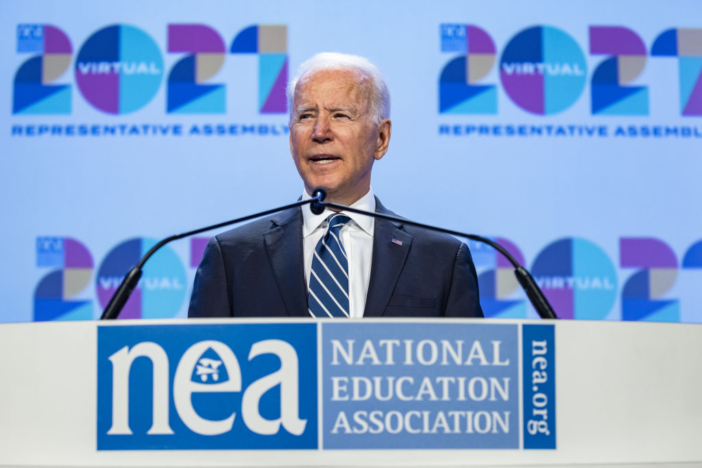 President Joe Biden speaks at the National Education Association’s annual meeting and representative assembly event in Washington, D.C., on July 2, 2021.