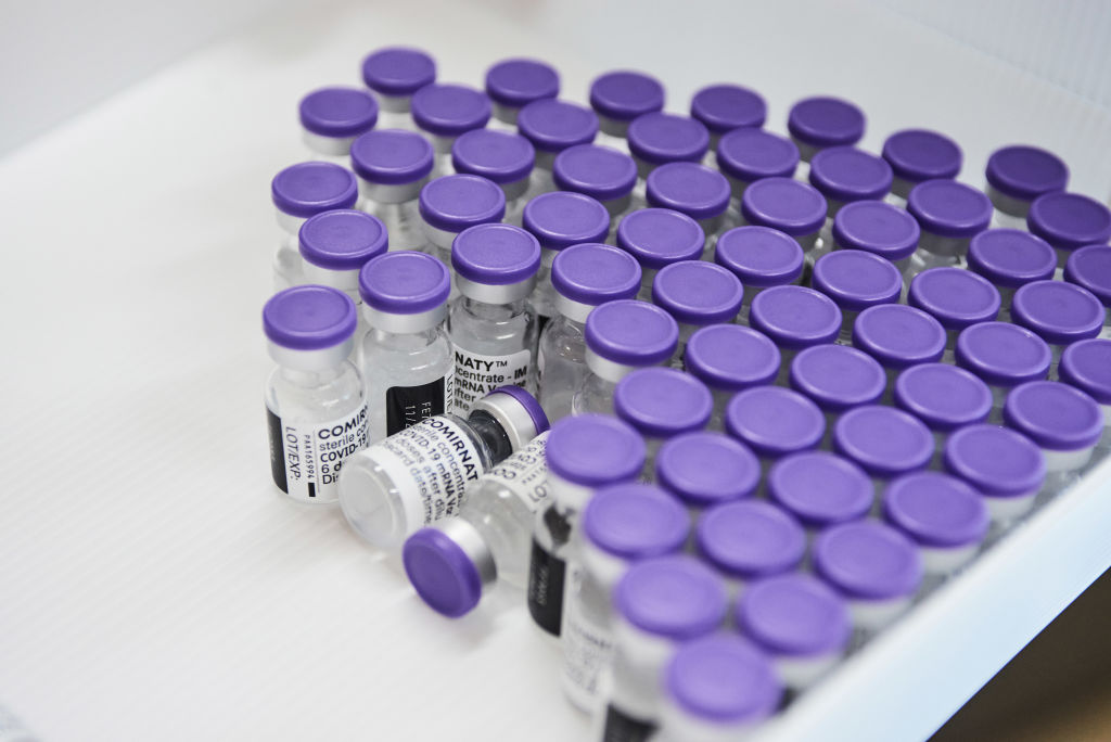 Vials of the Pfizer-BioNTech Comirnaty-branded COVID-19 vaccine in cold storage at Anglo American Platinum’s Tumela mine in Amandelbult, South Africa, on Aug. 12, 2021.
