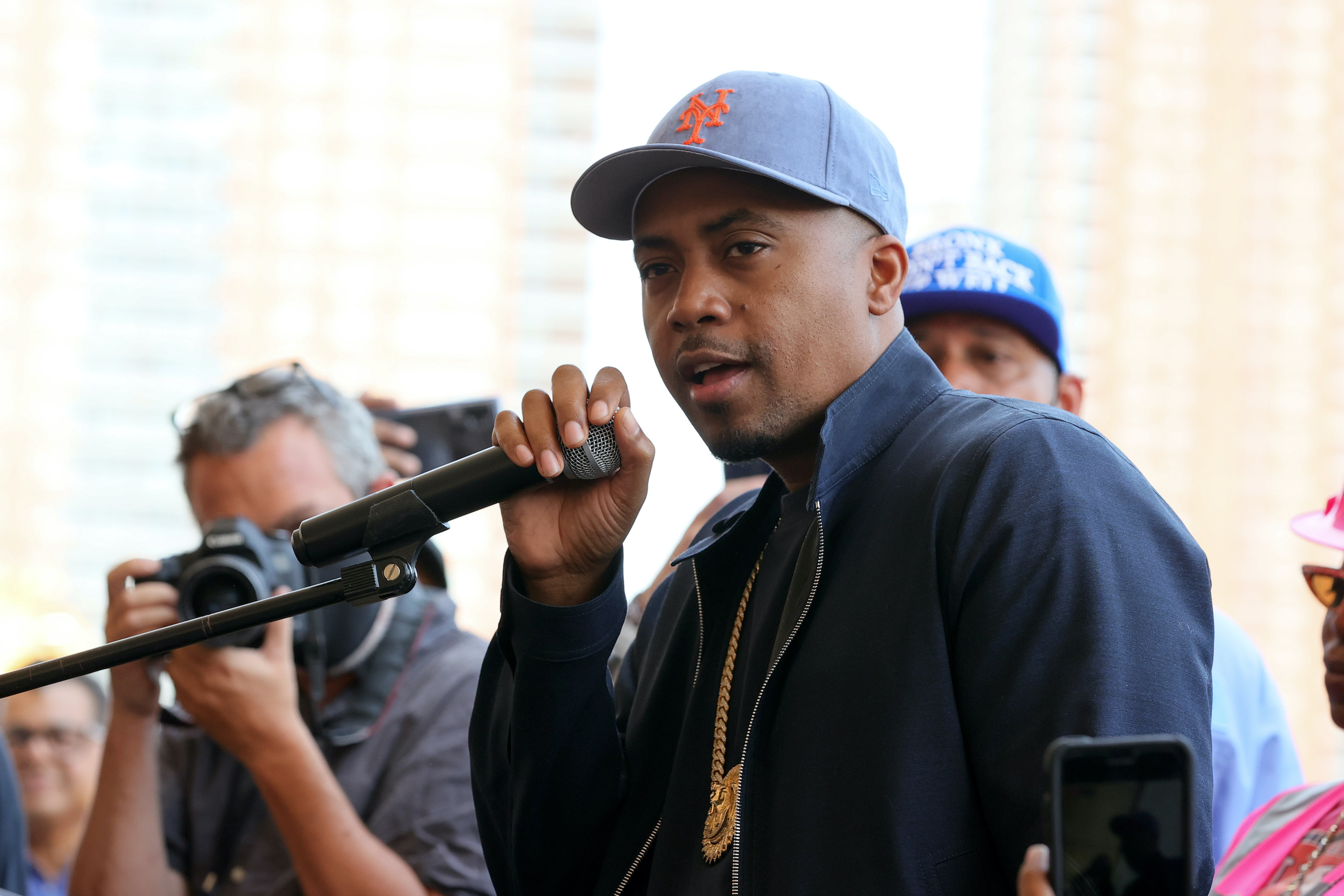 Nas speaks during the Universal Hip Hop Museum Groundbreaking Ceremony at Bronx Point on May 20, 2021.