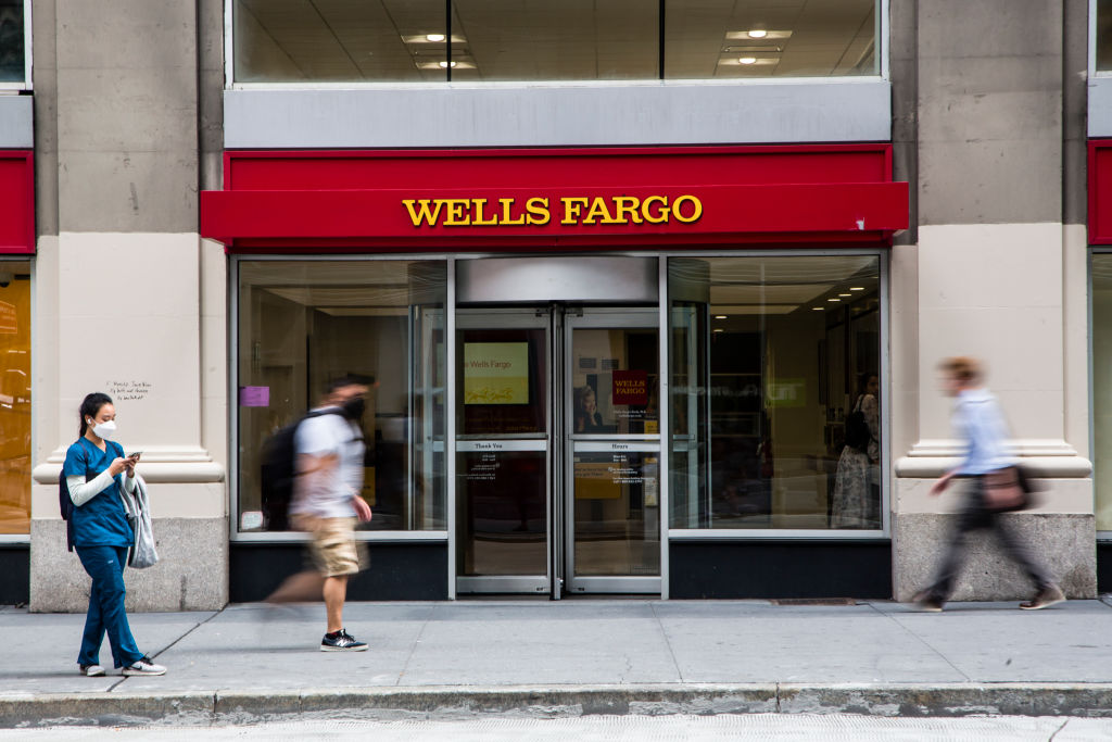 External view of a Wells Fargo branch on Aug. 16, 2021, in New York City.