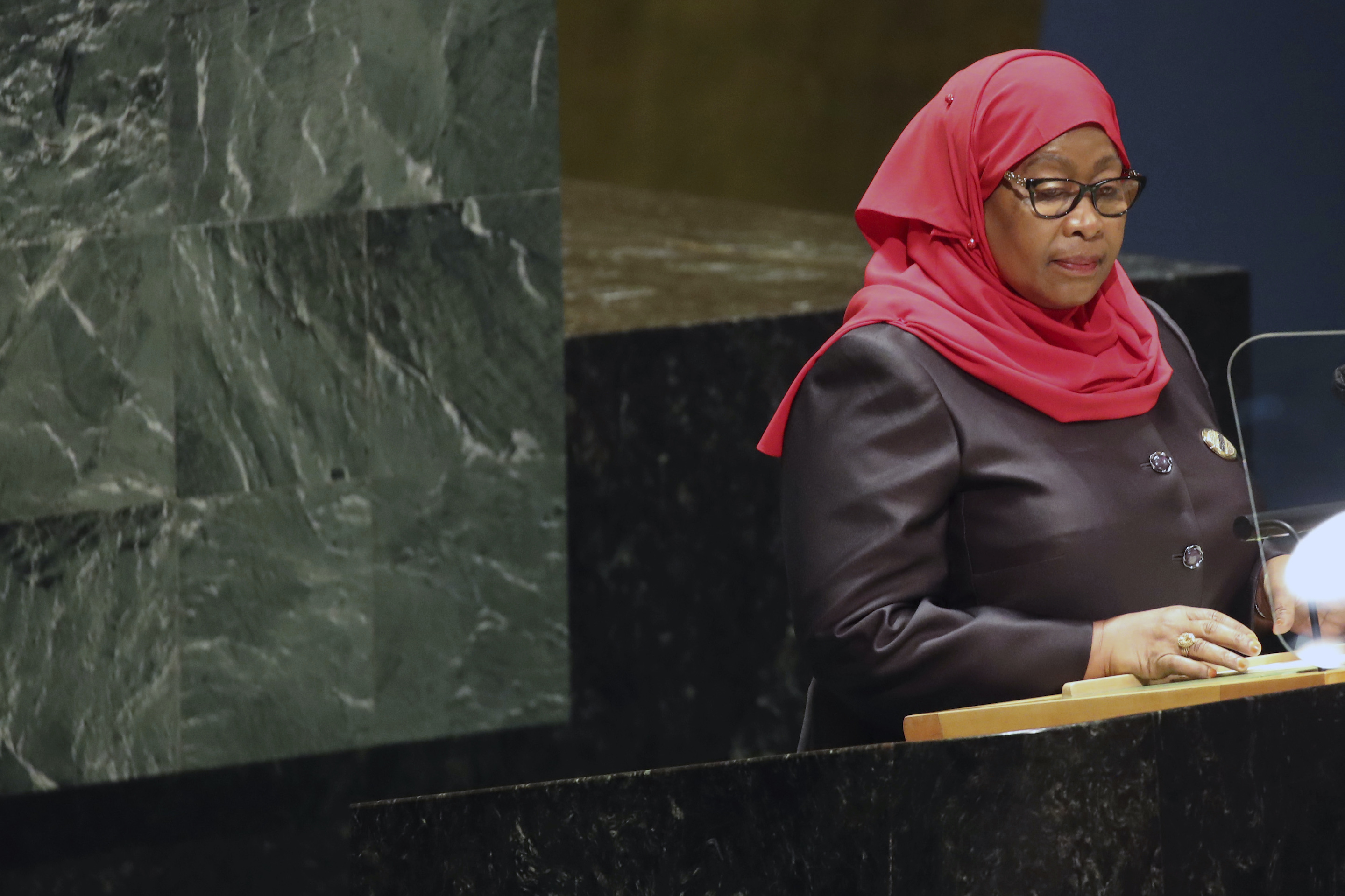 The President of Tanzania, Samia Suluhu Hassan addresses the 76th Session of the U.N. General Assembly at United Nations headquarters in New York on Sept. 23, 2021.