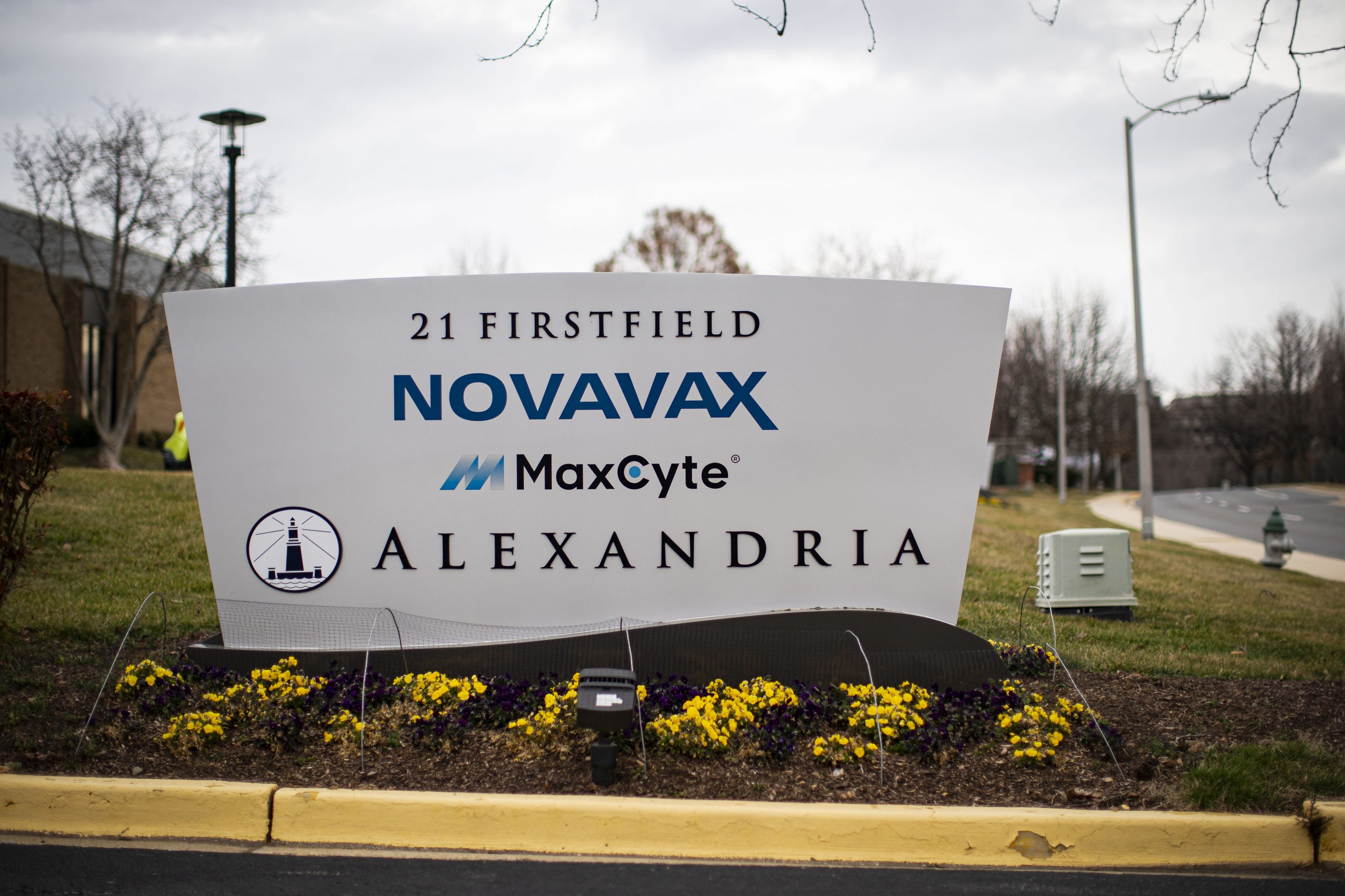 Signage outside the Novavax Inc. headquarters in Gaithersburg, Maryland on March 12, 2021.