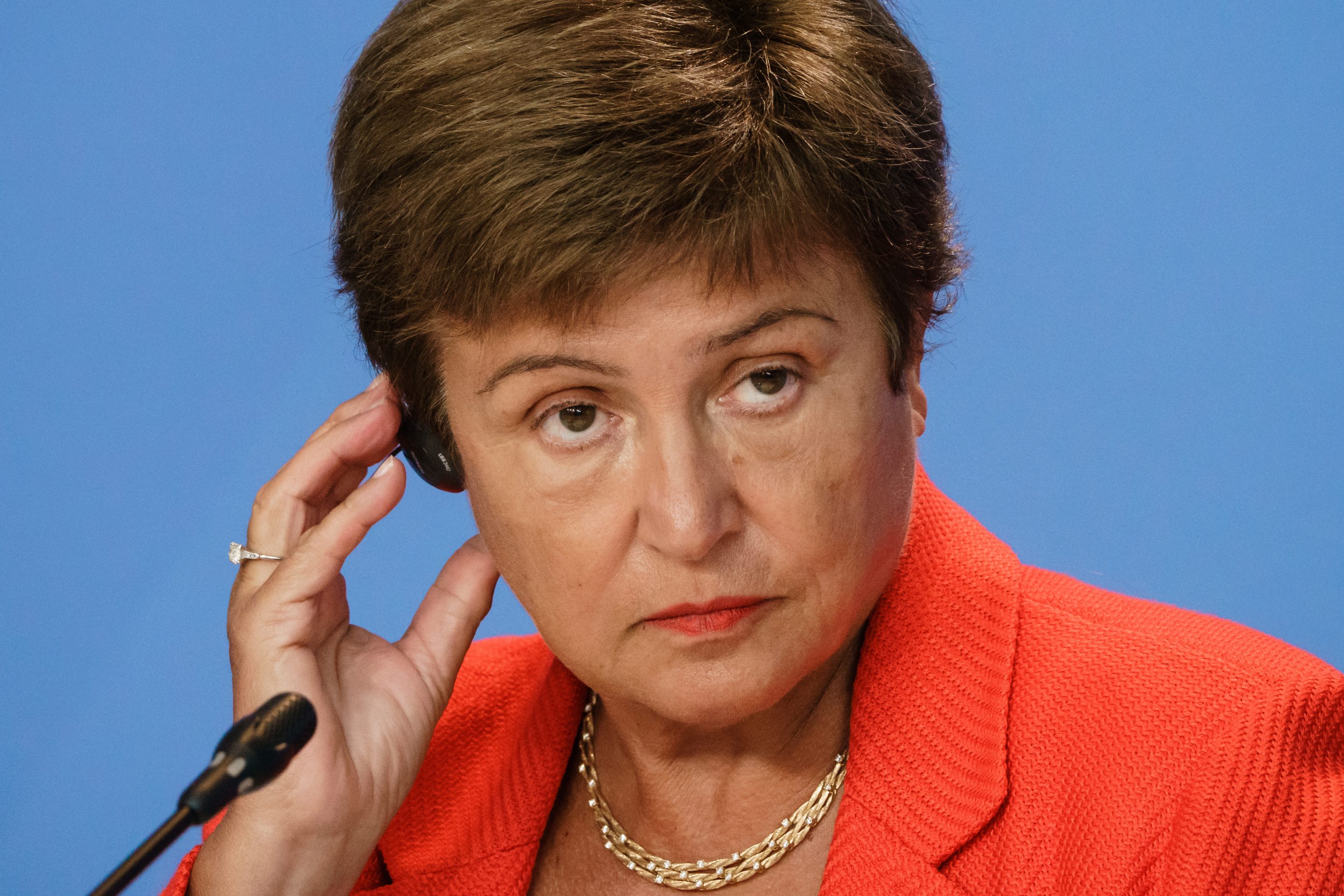 Managing Director of the International Monetary Fund (IMF) Kristalina Georgieva speaks during a press conference as the Chancellor meets with economic and financial organizations in Berlin at the German chancellery on August 26, 2021 in Berlin, Germany. 