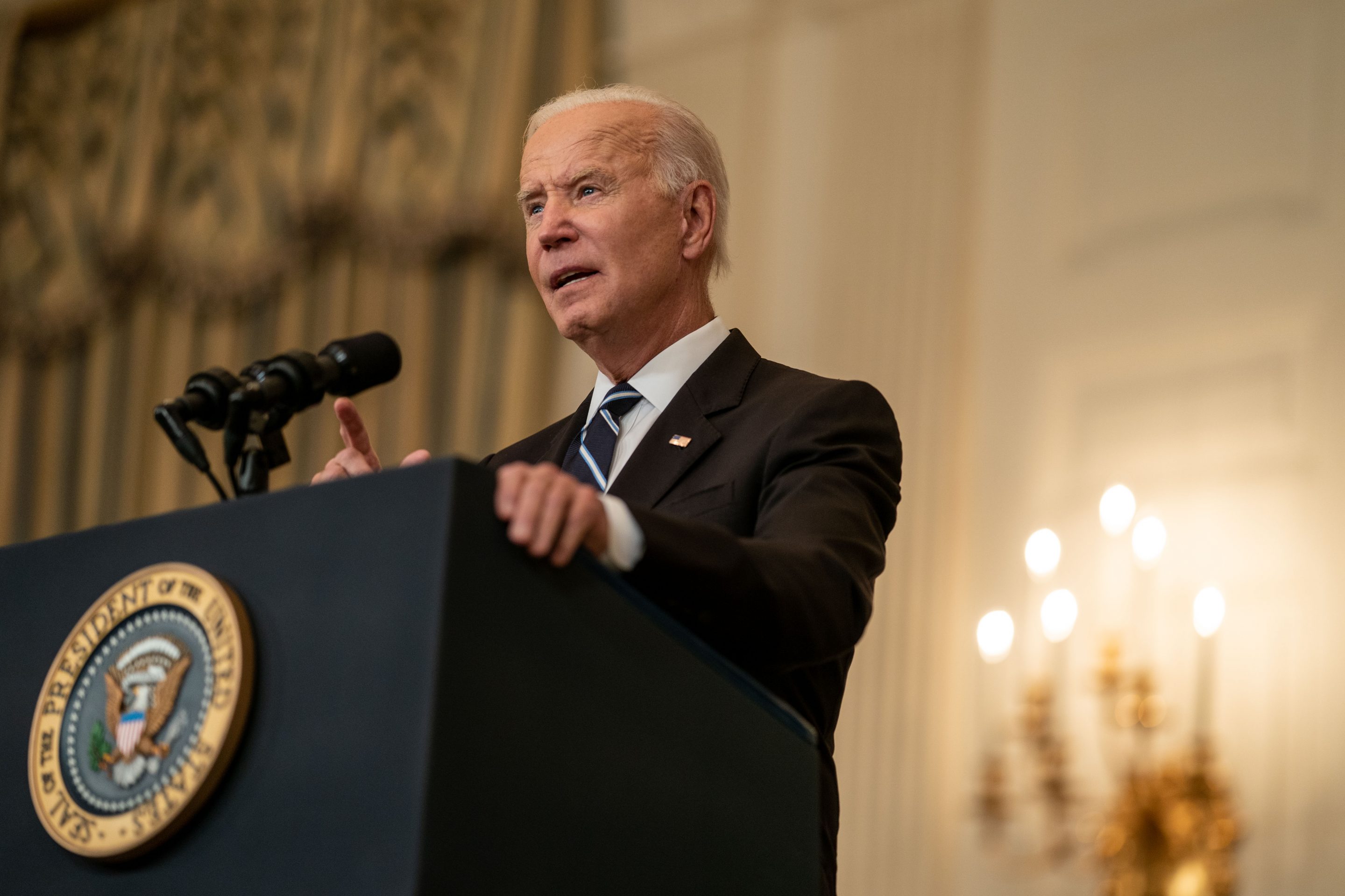 President Joe Biden delivers remarks on his plan to stop the spread of the Delta variant and boost COVID-19 vaccinations, in the State Dining Room of the White House complex on Sept. 9, 2021 in Washington, DC.