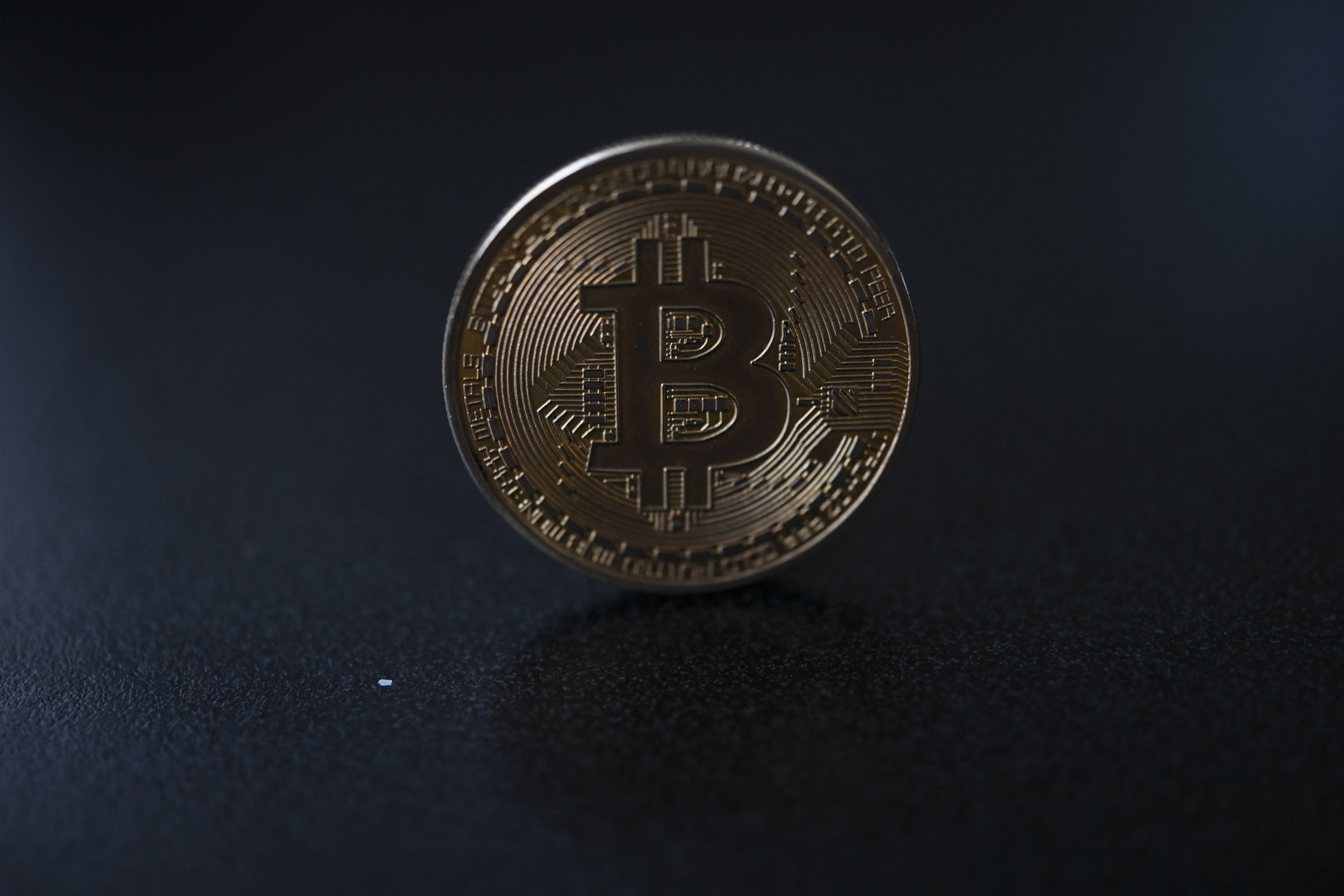 A souvenir coin depicting a Bitcoin.