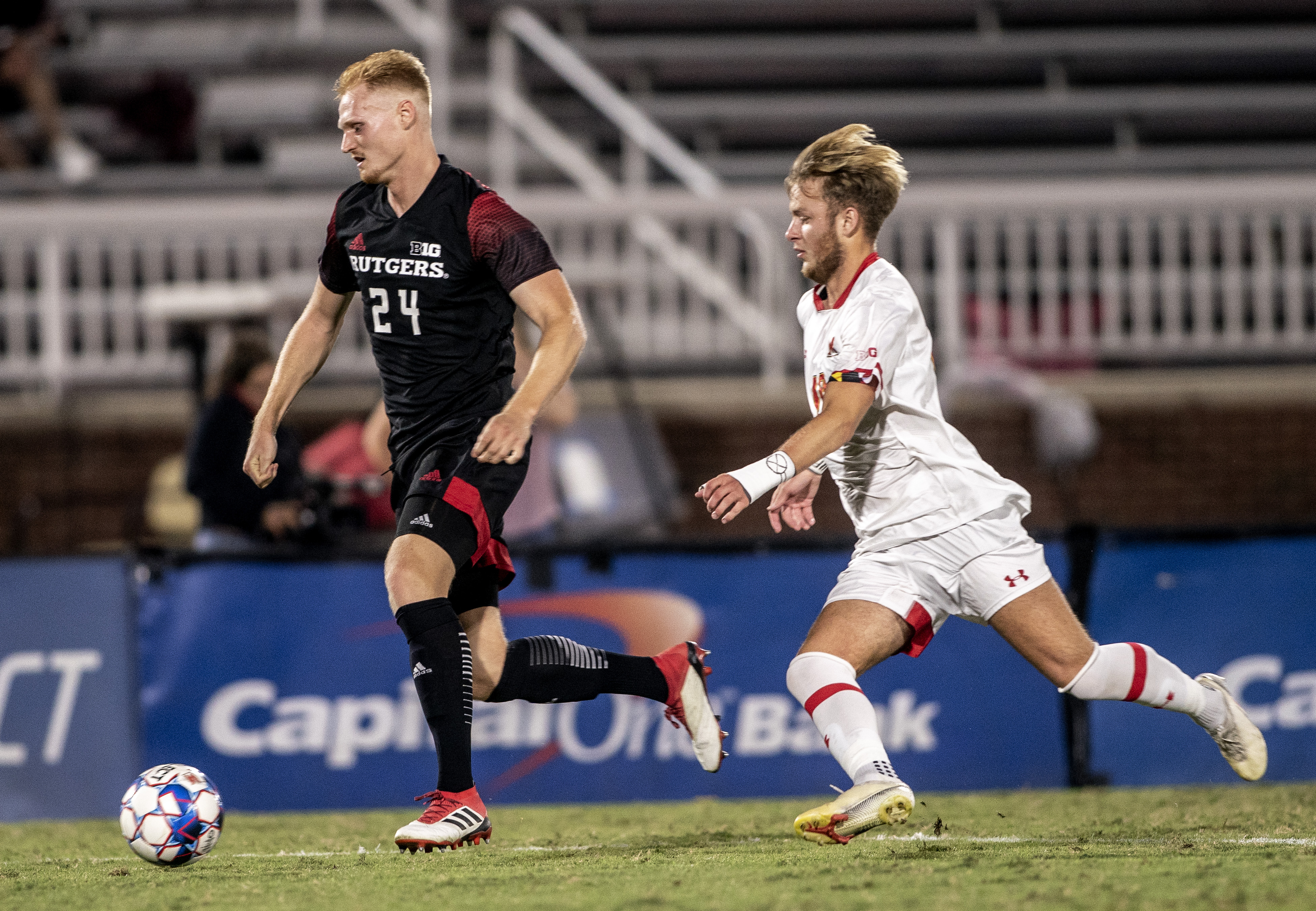 University of Maryland forward Caden Stafford (10) chases down Rutgers University defender Vincent Borden (24) during a college soccer match between the Maryland Terrapins and the Rutgers Scarlet Knights on Sept. 28, 2021.