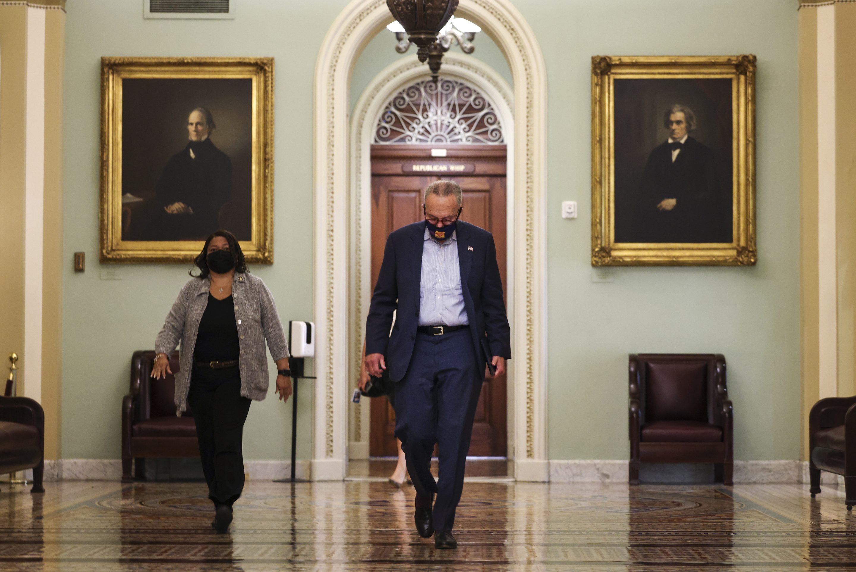 Senate Majority Leader Charles Schumer (D-NY) arrives at the U.S. Capitol on September 29, 2021 in Washington, DC.