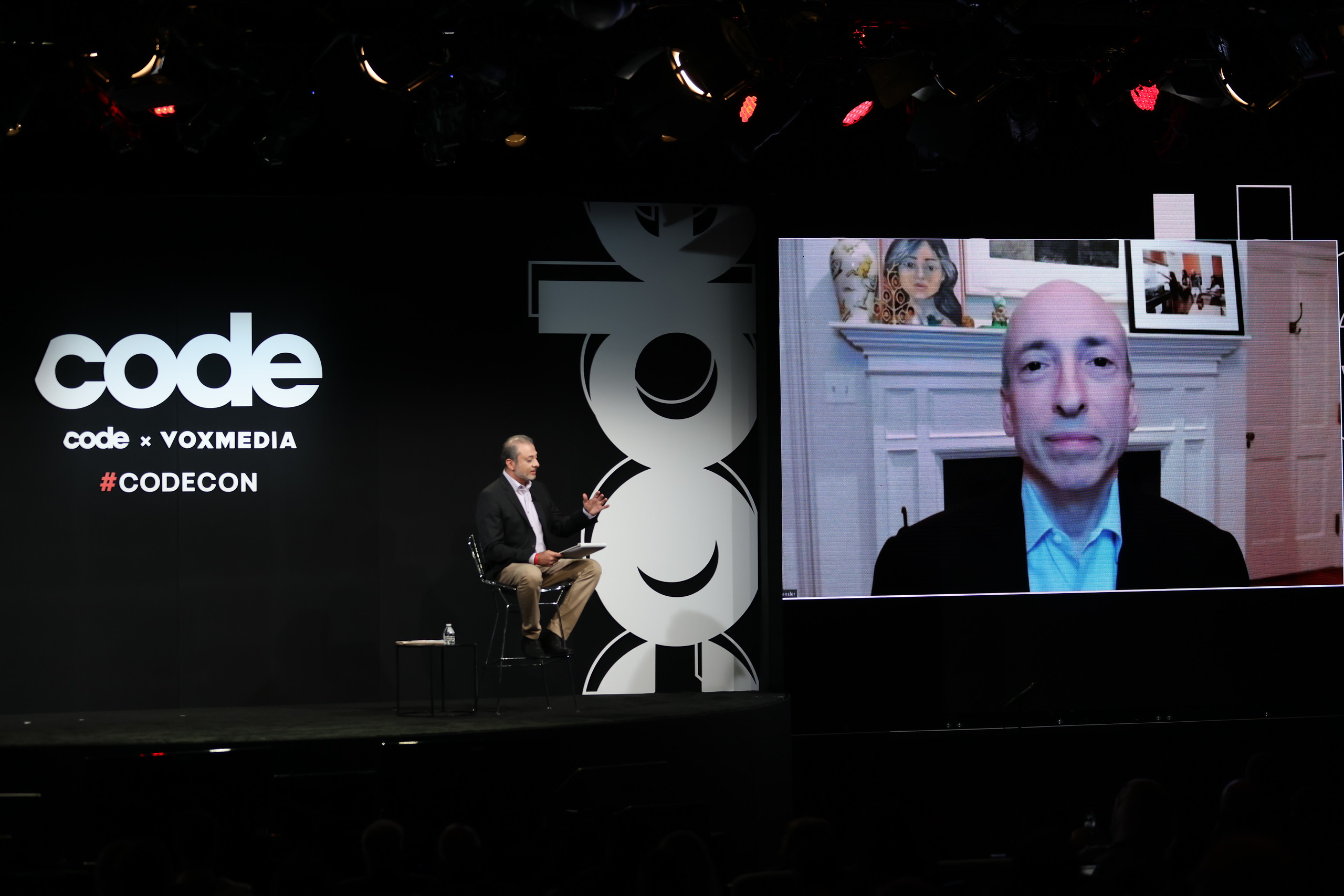 Former federal prosecutor Preet Bharara (on stage) interviews SEC chairman Gary Gensler at the Code Conference in Beverly Hills, Calif., on September 27.