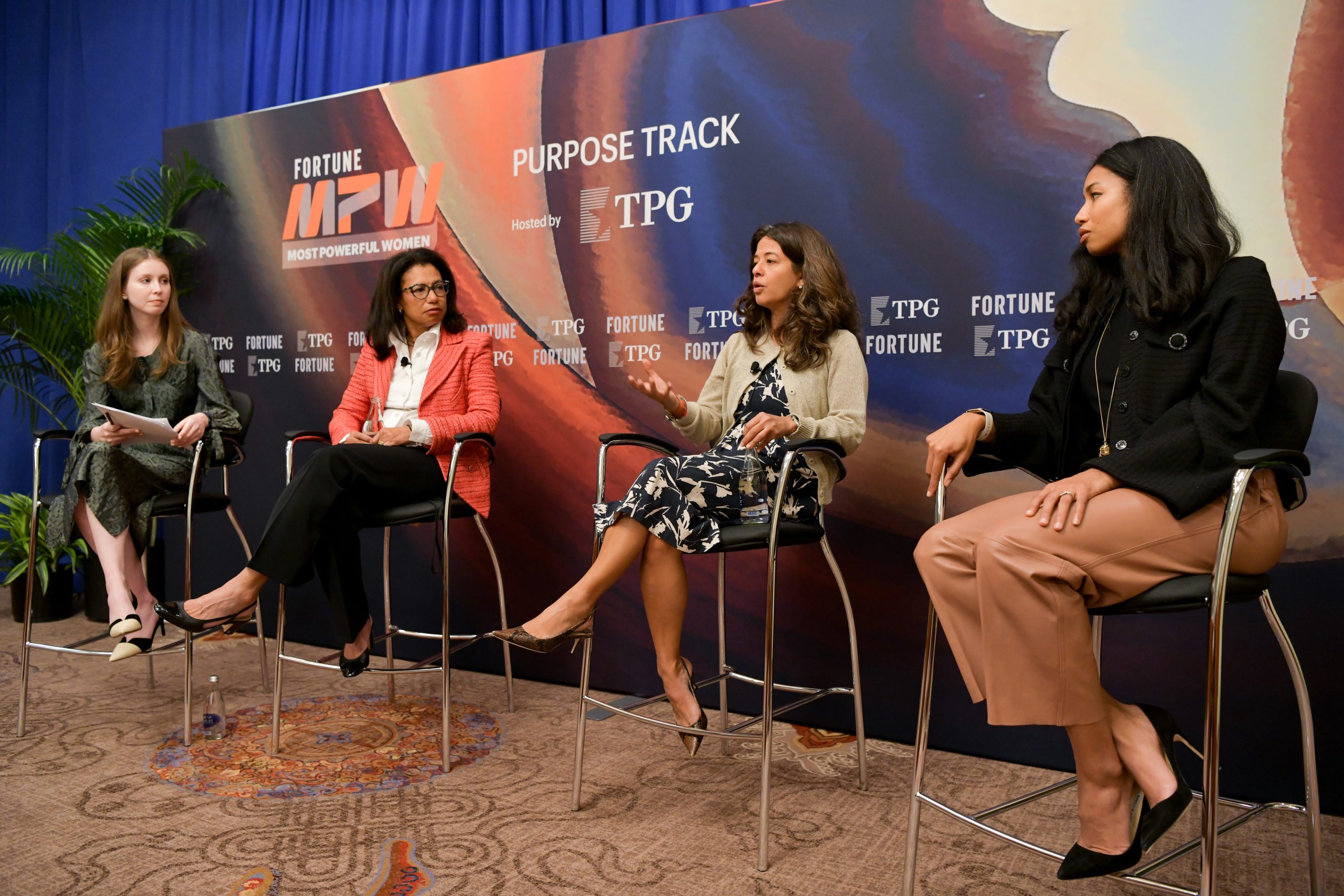 From left: Fortune’s Emma Hinchliffe; Medley cofounder Edith Cooper; Maya Chorengel, co–managing partner of the Rise Fund; and Medley cofounder Jordan Taylor at Fortune’s Most Powerful Women Summit on Oct. 11, 2021.