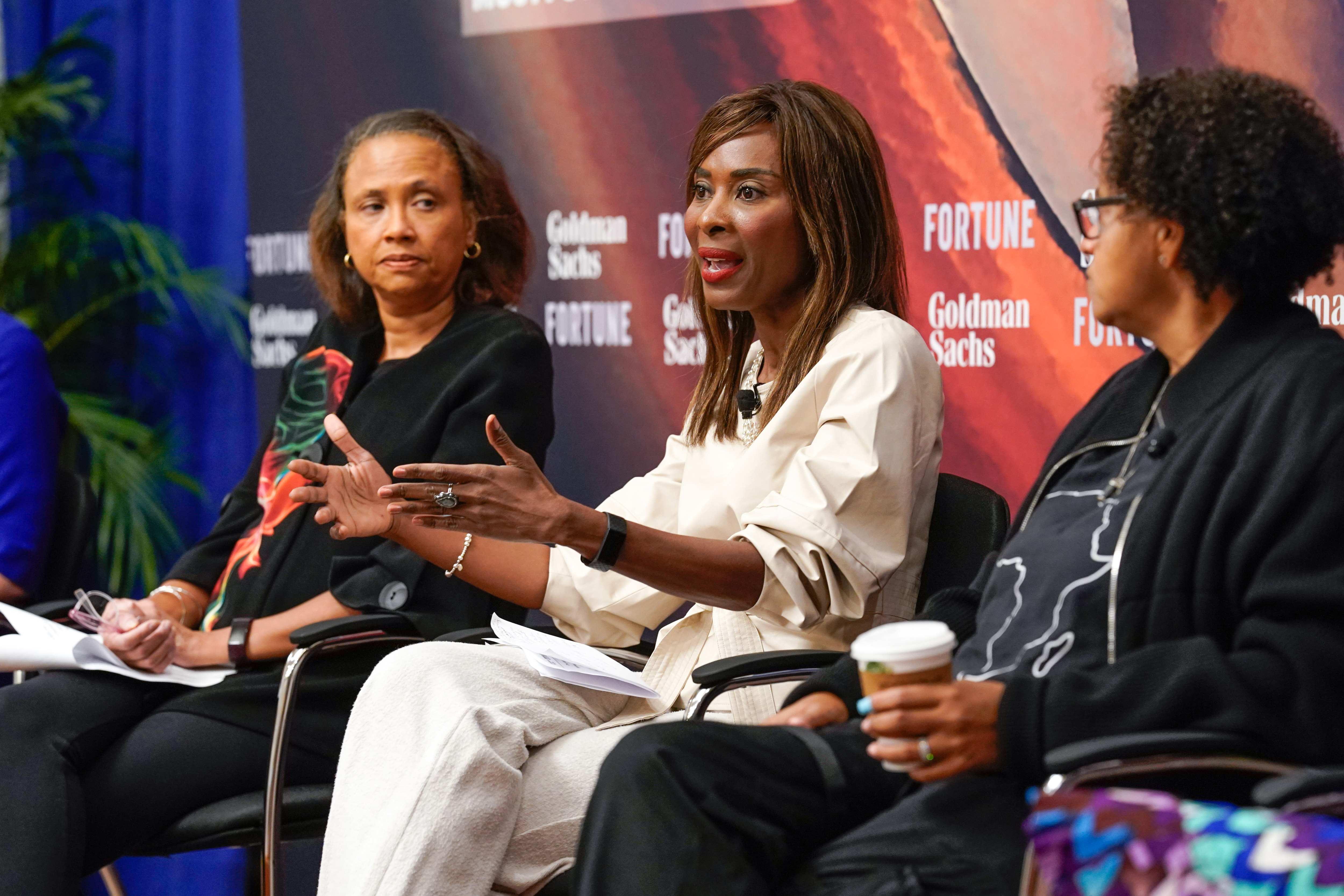 From left: Cheryl Dorsey, president of Echoing Green; Asahi Pompey, global head of corporate engagement and president of the Goldman Sachs Foundation; and Melissa Bradley, managing partner of 1863 Ventures, speak about the value of investing in Black women at Fortune’s Most Powerful Women Summit.
