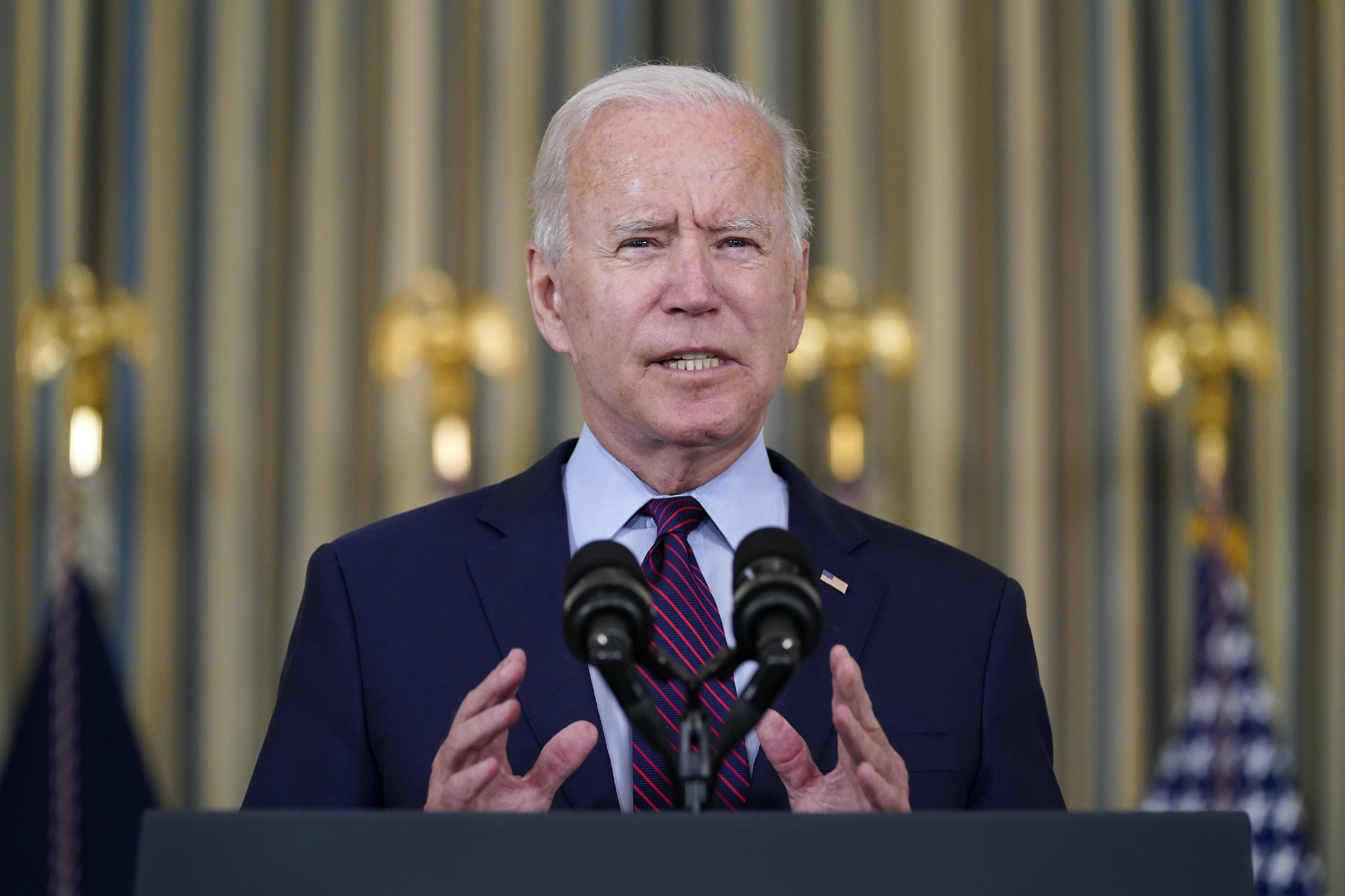 President Joe Biden delivers remarks on the debt ceiling during an event in the State Dining Room of the White House, Monday, Oct. 4, 2021 in Washington.
