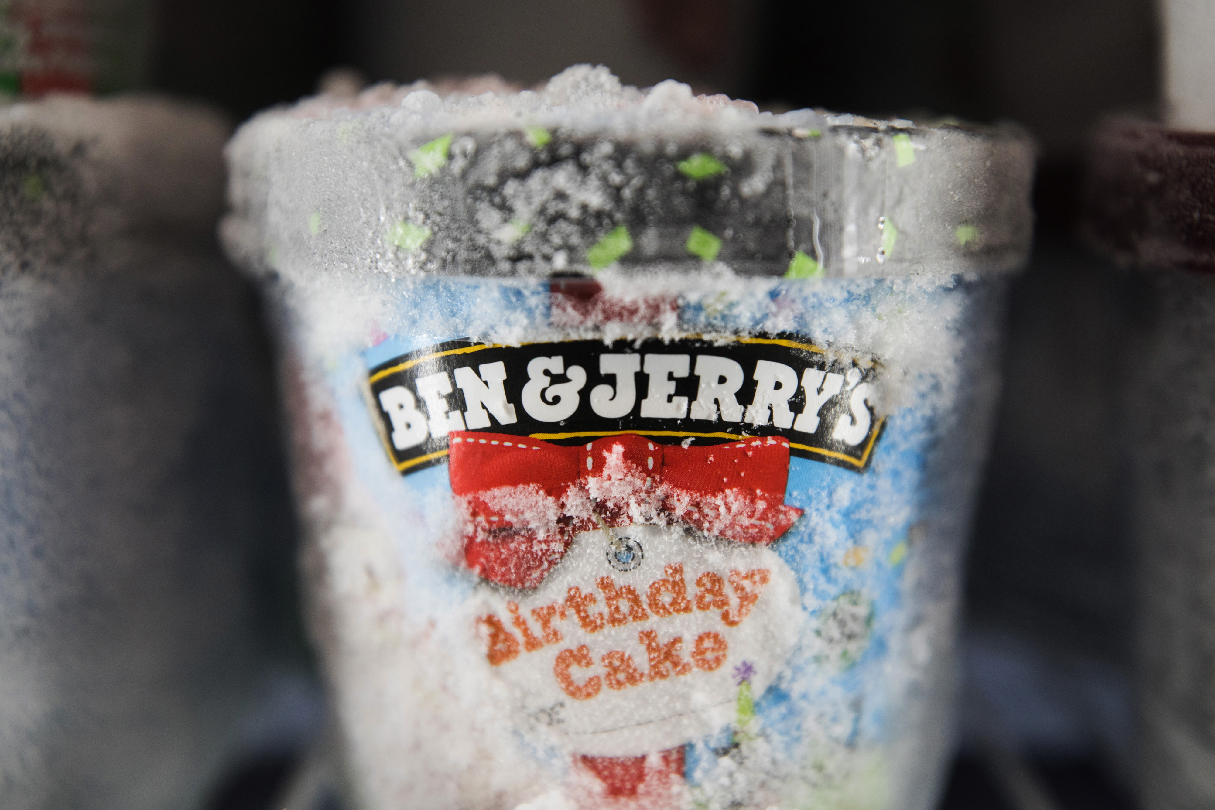 A tub of Ben and Jerry's ice cream, manufactured by Unilever Plc, in a freezer at a Morrisons supermarket.