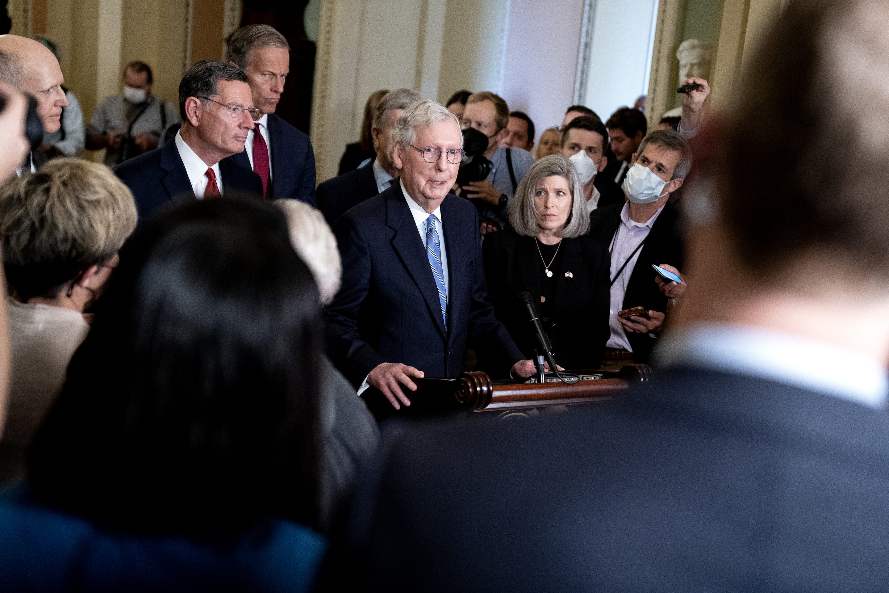 Senate Minority Leader Mitch McConnell speaks during a news conference following Senate Republican Policy Luncheons at the U.S. Capitol in Washington, D.C., U.S., on Tuesday, Oct. 5, 2021.