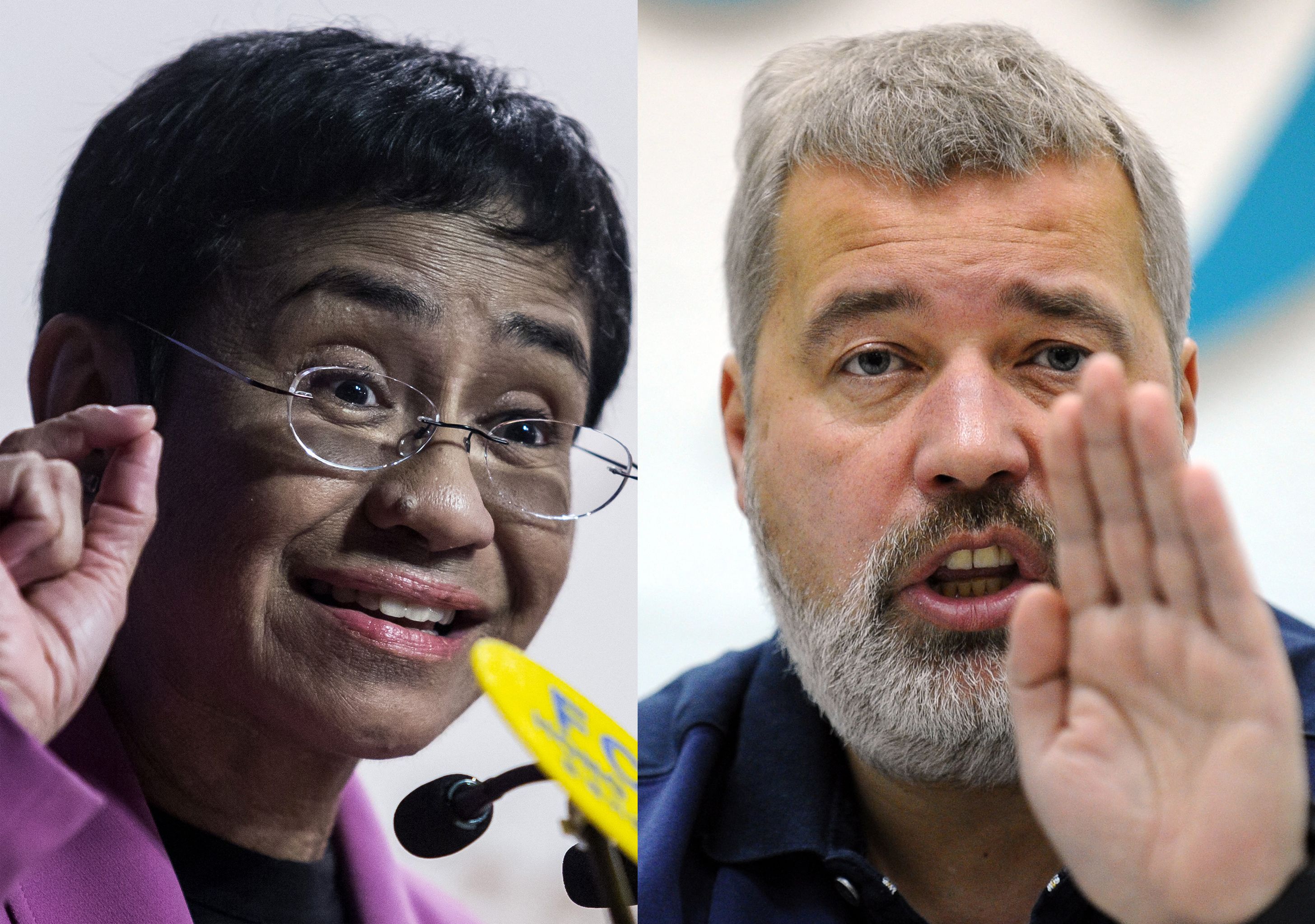 Maria Ressa (L), co-founder and CEO of the Philippines-based news website Rappler, speaking at the Human Rights Press Awards at the Foreign Correspondents Club of Hong Kong on on May 16, 2019 and Dmitry Muratov, editor-in-Chief of Russia's main opposition newspaper Novaya Gazeta gestures as he speaks during a news conference in Moscow, on December 11, 2012. - The Nobel Peace Prize goes to journalists Maria Ressa (Philippines) and Russian Dmitry Muratov, the Nobel Peace Prize committee announced on October 8, 2021 in Oslo. (Photo by Isaac LAWRENCE and Yuri KADOBNOV / AFP) (Photo by ISAAC LAWRENCE,YURI KADOBNOV/AFP via Getty Images)