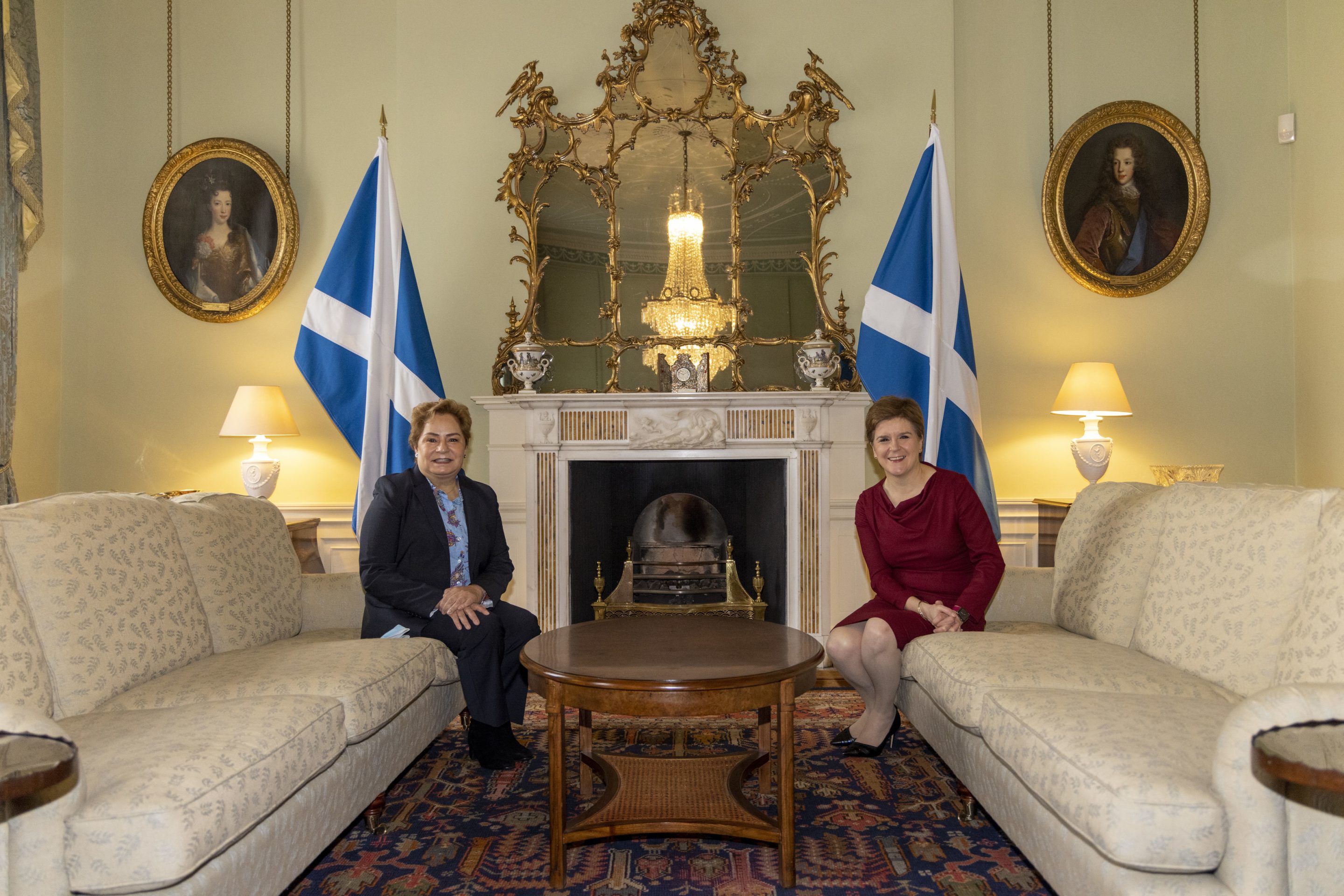 EDINBURGH, SCOTLAND - OCTOBER 27: Scotland's First Minister Nicola Sturgeon and Patricia Espinosa, Executive Secretary of the United Nations Framework Convention on Climate Change attend a bilateral meeting, hosted by the First Minister as part of activities in the run up to Cop26, at Bute House on October 27, 2021 in Edinburgh, Scotland. The 26th United Nations Climate Change conference (COP 26) is set to take place in Glasgow, Scotland from 31 October to 12 November 2021, under the co-presidency of the United Kingdom and Italy. (Photo by Robert Perry/WPA Pool/Getty Images)