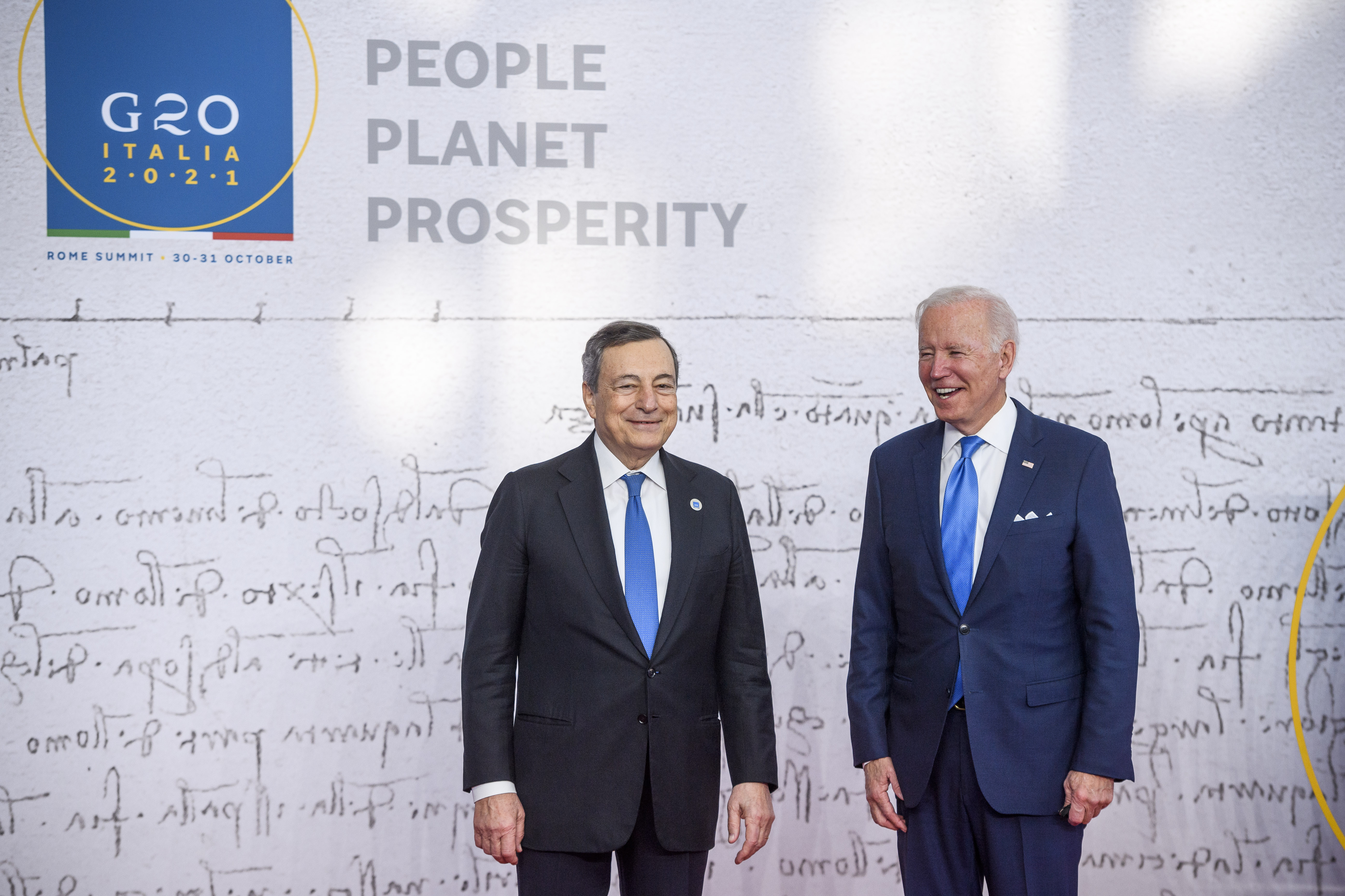 Italian Prime Minister Mario Draghi welcomes the U.S. President Joe Biden during the welcome ceremony on the first day of the Rome G20 summit, on October 30, 2021 in Rome, Italy.