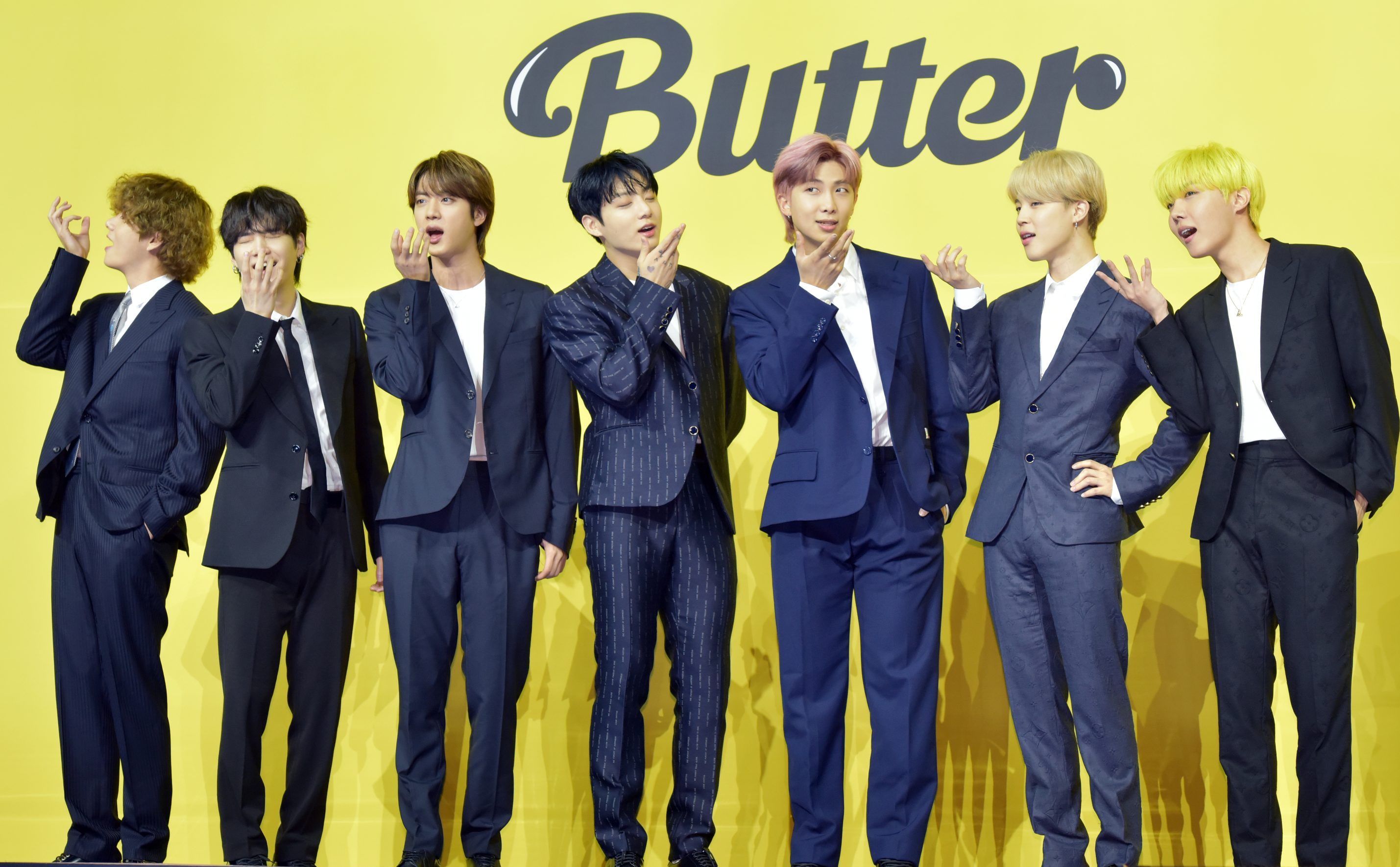 BTS attends a press conference for its new digital single “Butter” at Olympic Hall on May 21, 2021, in Seoul.