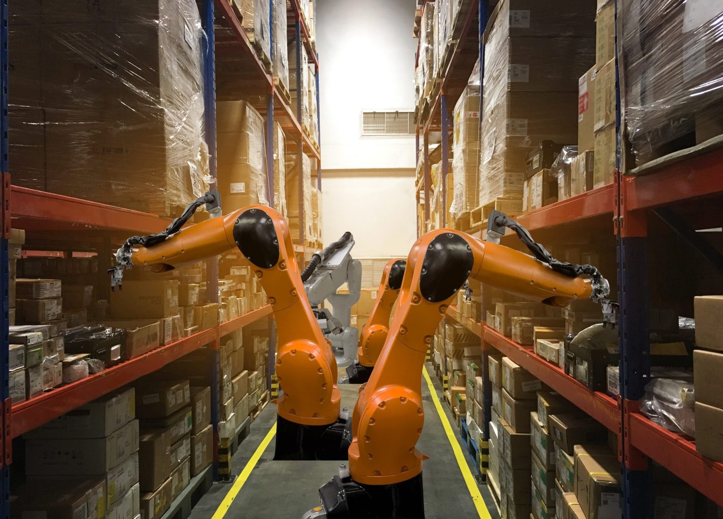 Robots work in a warehouse