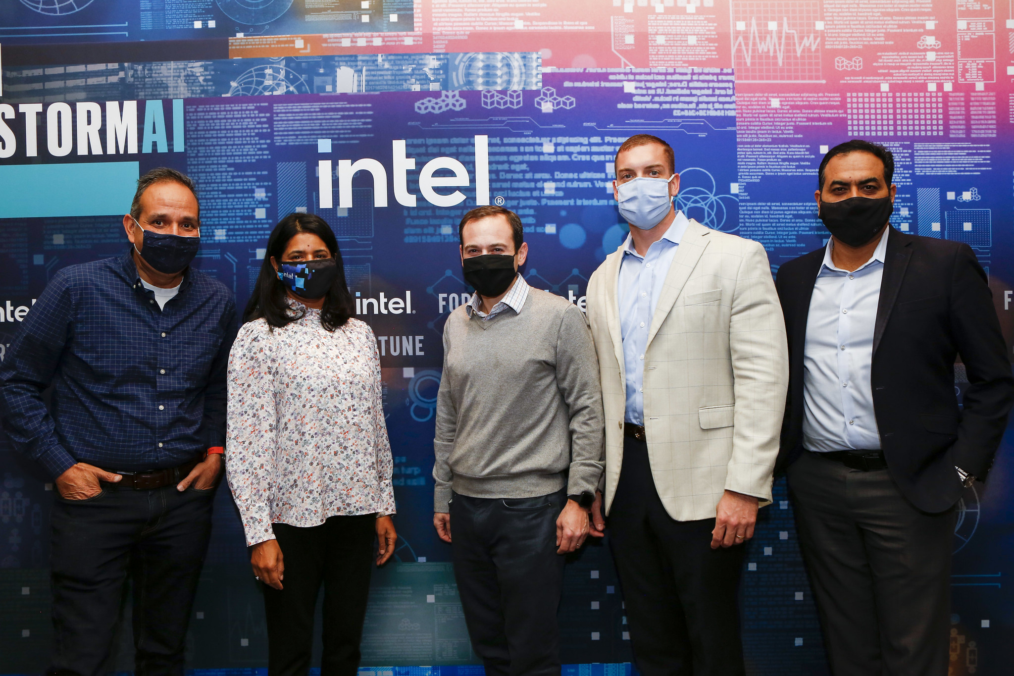 From left: Vimal Kohli of Gap, Inc.; Sundari Mitra of Intel; FORTUNE senior writer Jeremy Kahn; Tony Kreager of FedEx Dataworks; and Ray Bajaj of Cardinal Health at Fortune's Brainstorm A.I. conference in Boston on Nov. 9, 2021.