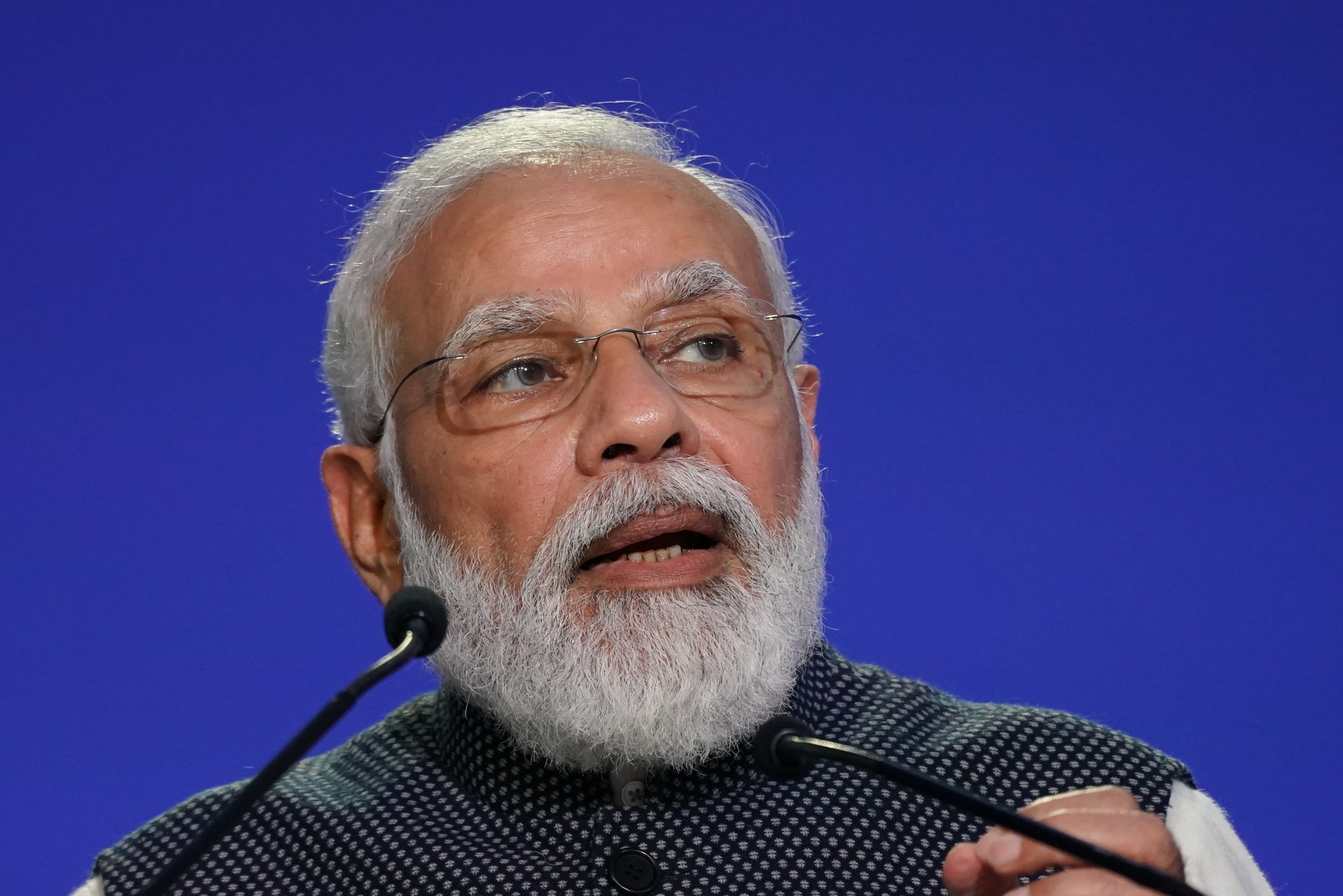 India's Prime Minister Narendra Modi speaks during the World Leaders' Summit "Accelerating Clean Technology Innovation and Deployment" session on day three of COP26 on Nov. 2, 2021 in Glasgow, Scotland.