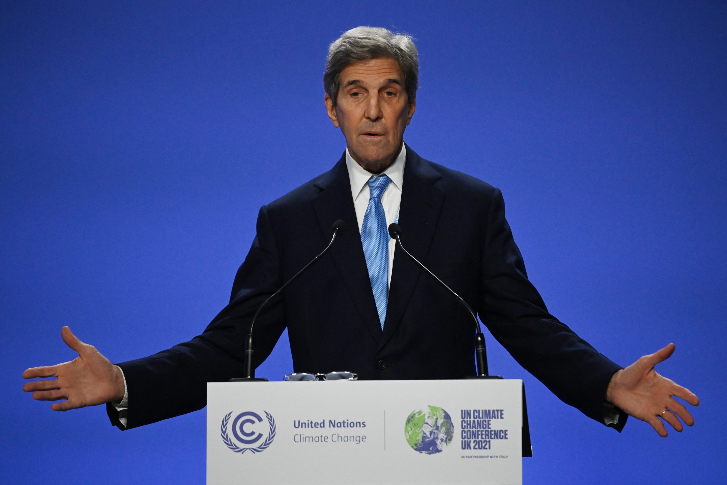 U.S. special climate envoy John Kerry speaks during a joint China-U.S. statement on a declaration enhancing climate action in the 2020s at COP26 in Glasgow, Scotland, on Nov. 10, 2021. 