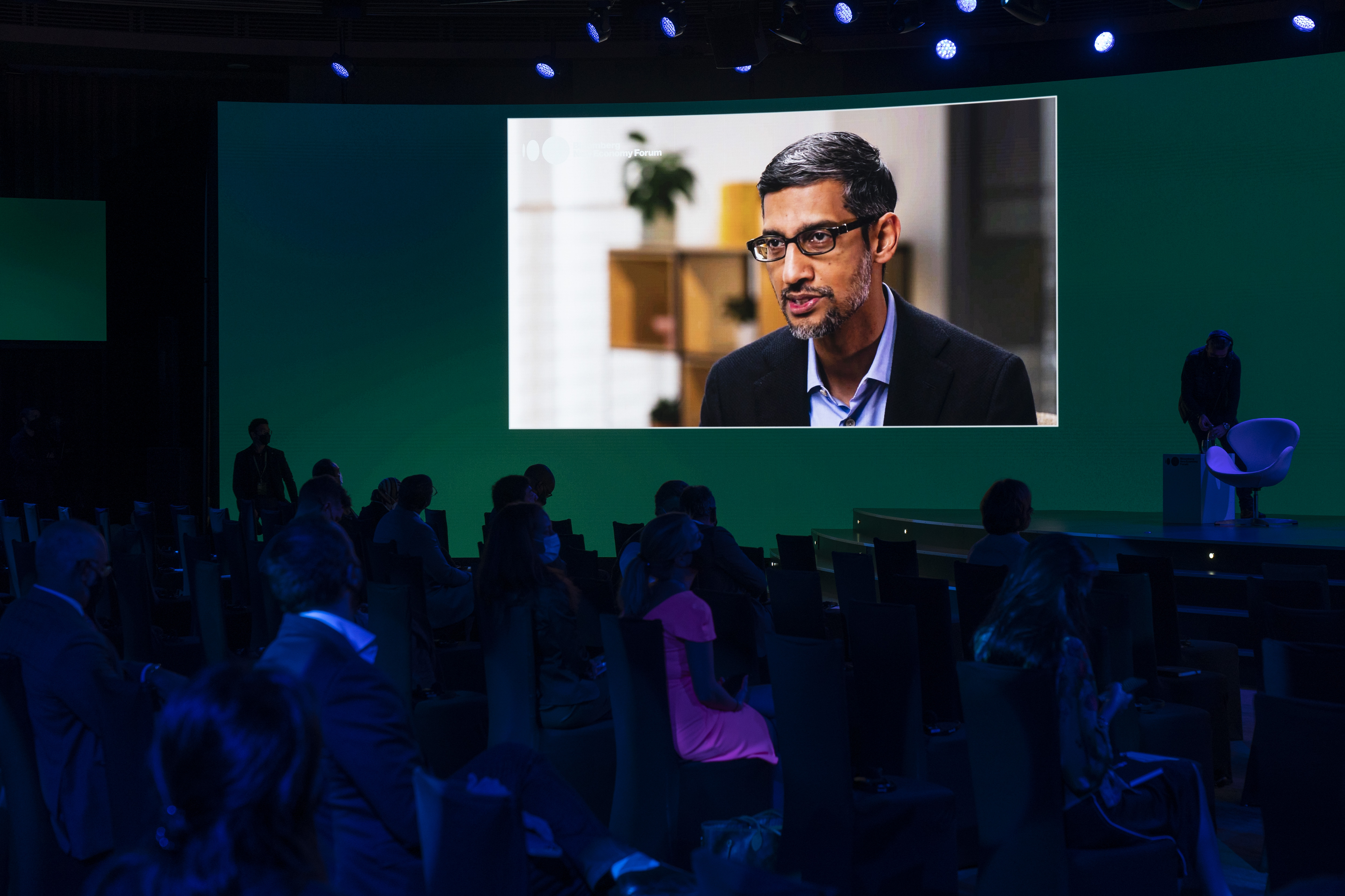 Sundar Pichai, CEO of Google and parent company Alphabet, speaks virtually during the Bloomberg New Economy Forum in Singapore, on Nov. 17, 2021.