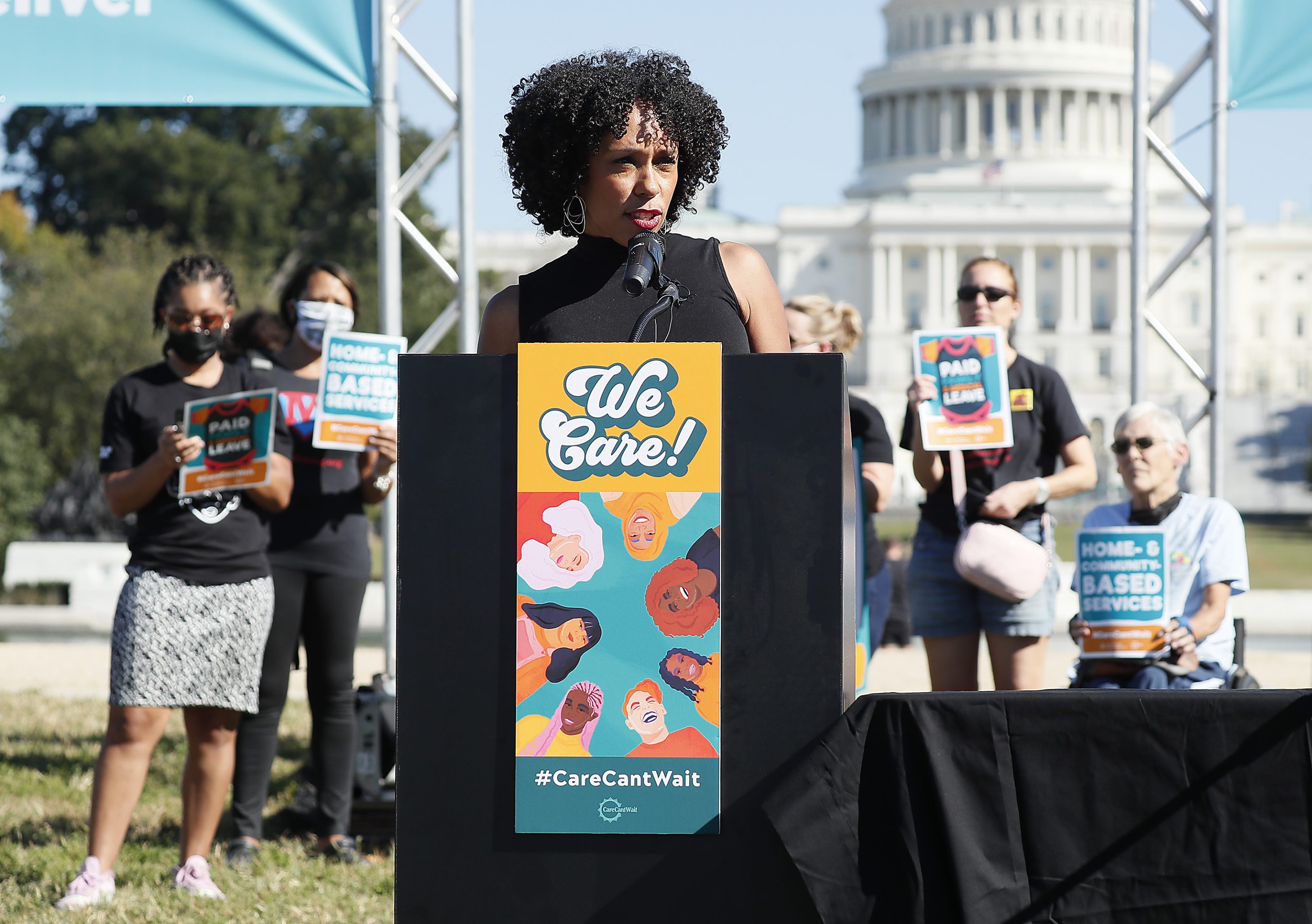 Myra Jones-Taylor of Zero to Three speaks at a press conference supporting Build Back Better investments in home care, childcare, and paid leave on Oct. 21, 2021. on October 21, 2021 in Washington, D.C. "It's hard to overstate the significance of this win for early care and education," the authors write.