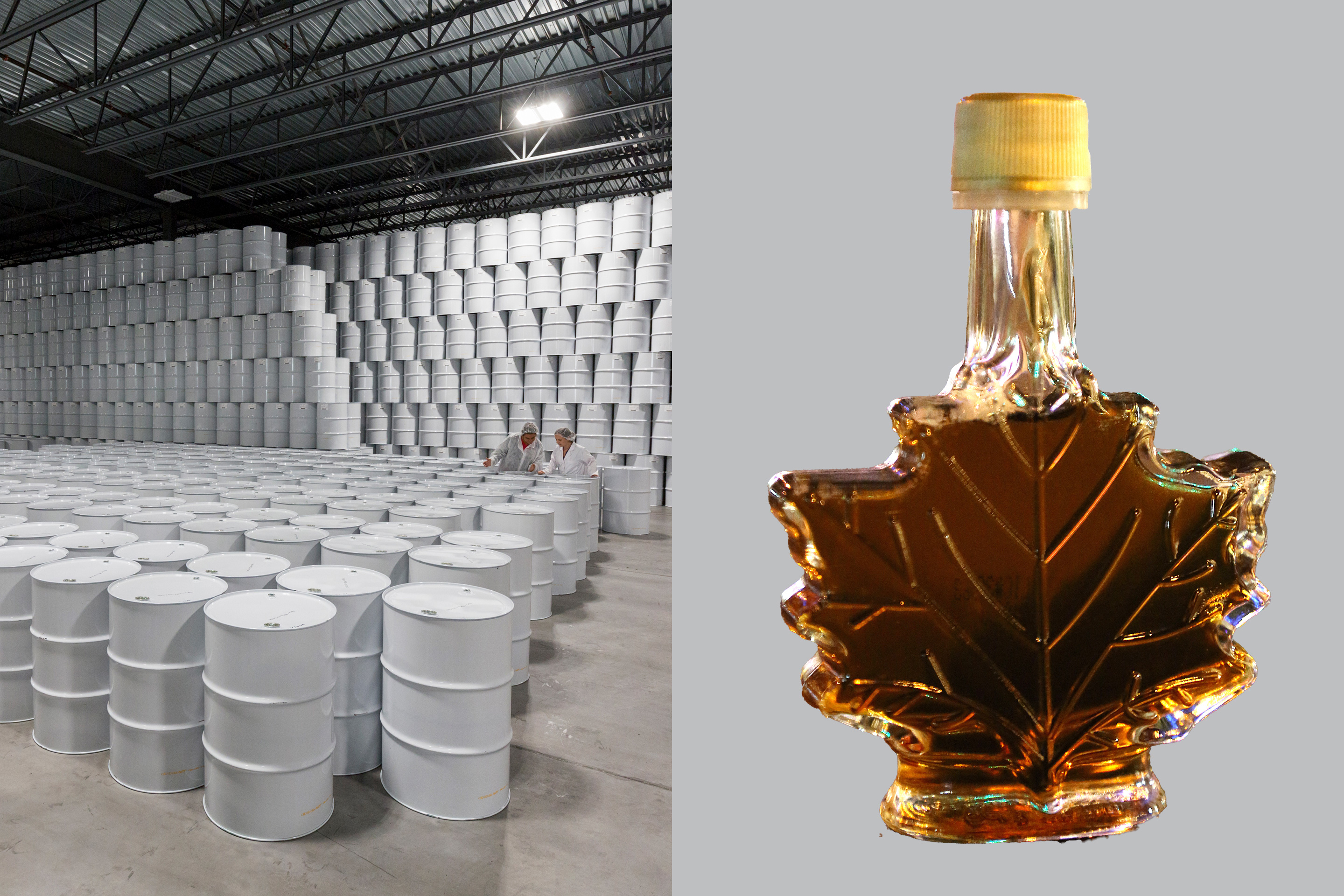 On the left, QMSP’s Global Strategic Maple Syrup Reserve. On the right, a bottle of maple syrup.