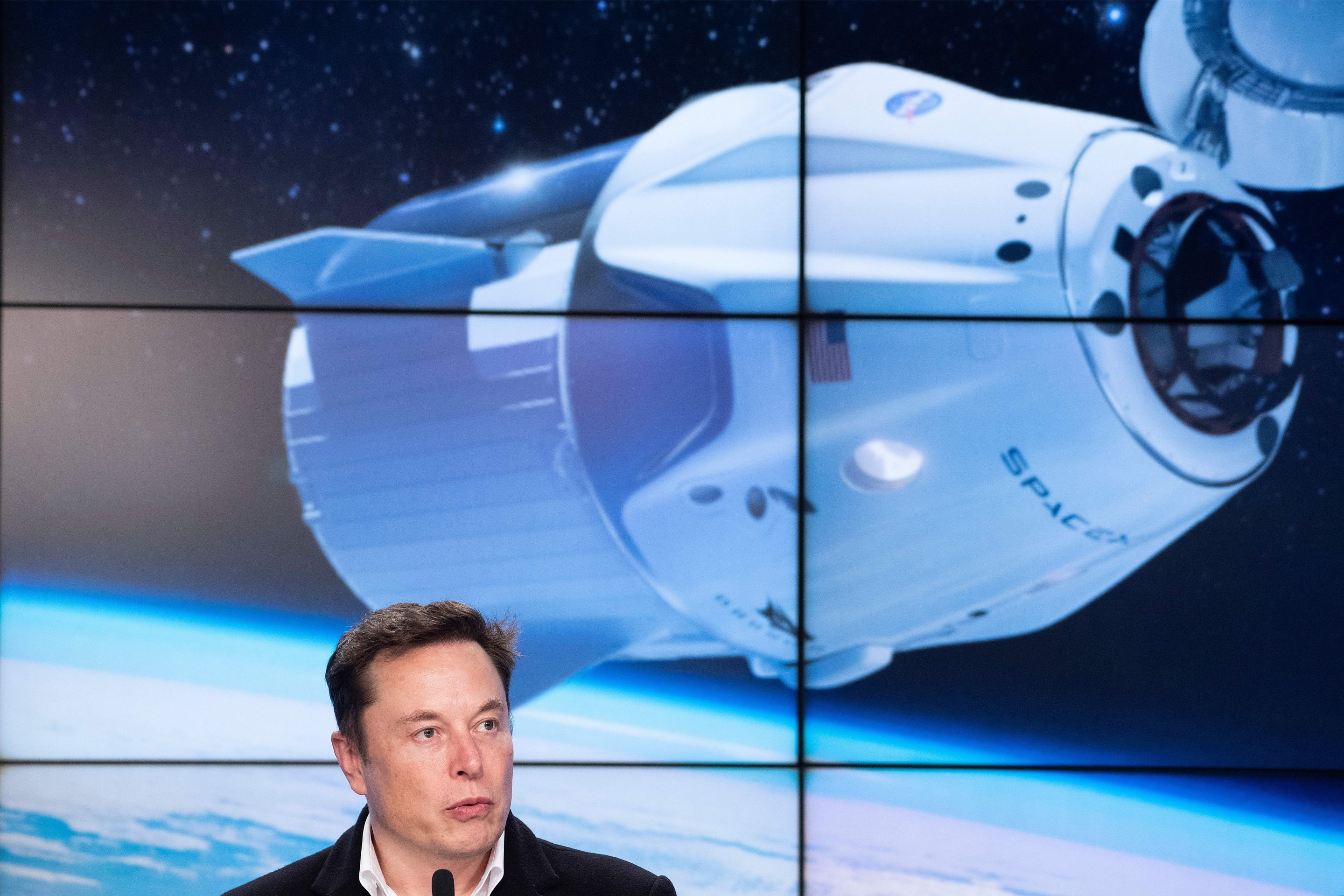 SpaceX CEO Elon Musk speaks during a press conference at the Kennedy Space Center, in Florida, on March 2, 2019.