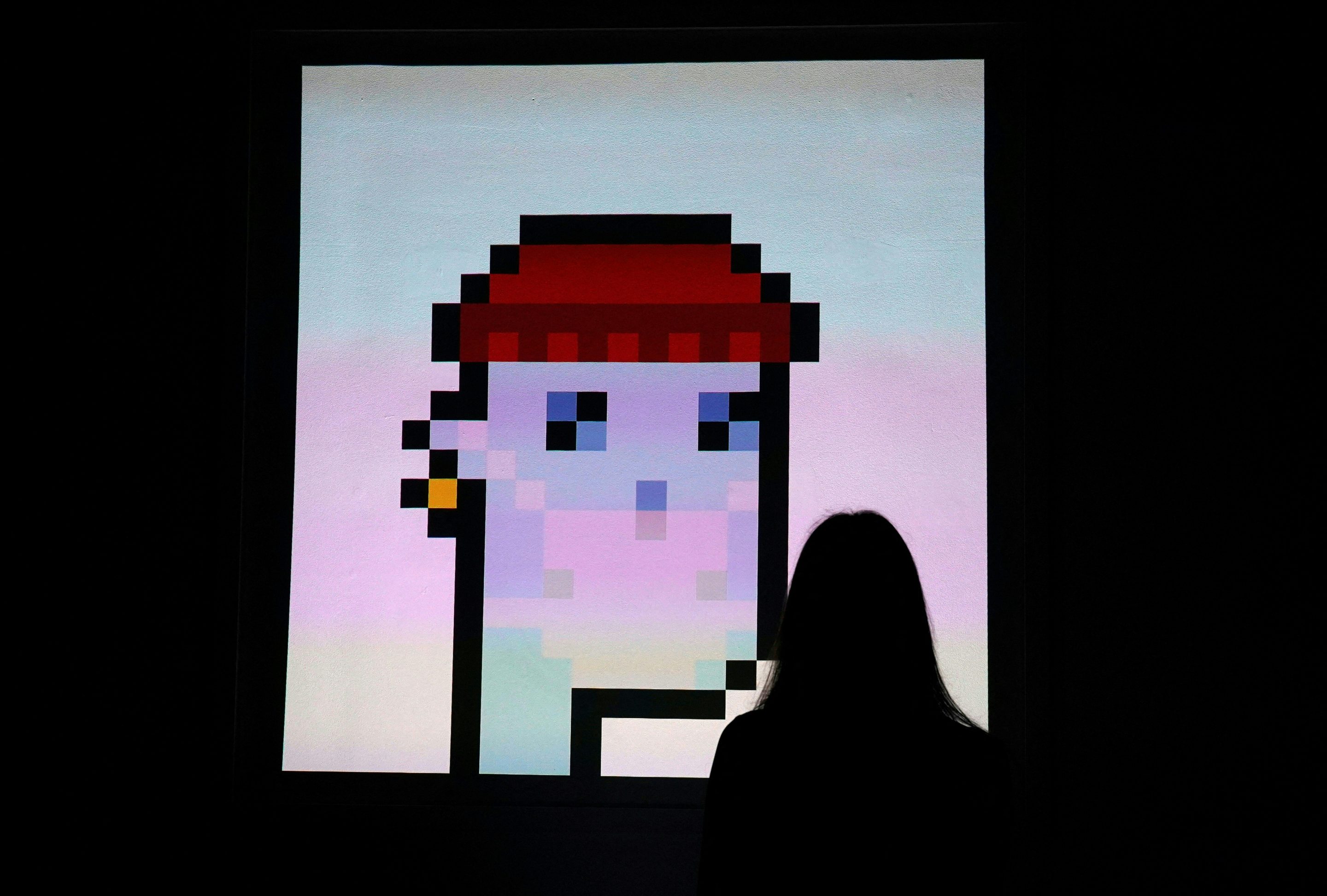 An NFT from Larva Labs titled “CryptoPunk 7523,” at a media preview on June 4, 2021, at Sotheby’s for its Natively Digital auction, which took place on June 10, 2021.