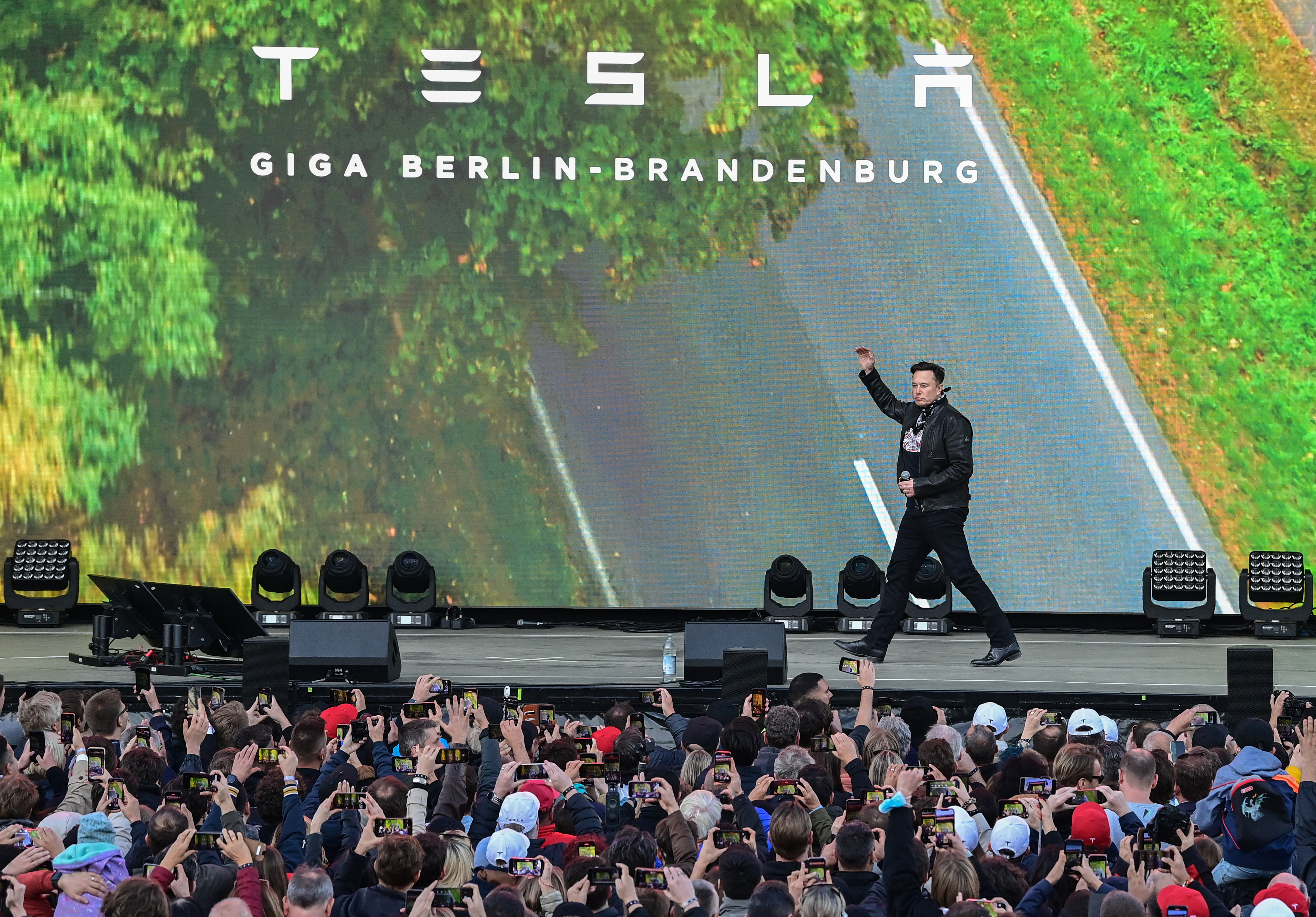 Elon Musk, Tesla CEO, arrives on stage at the Tesla Gigafactory In Grünheide, east of Berlin.