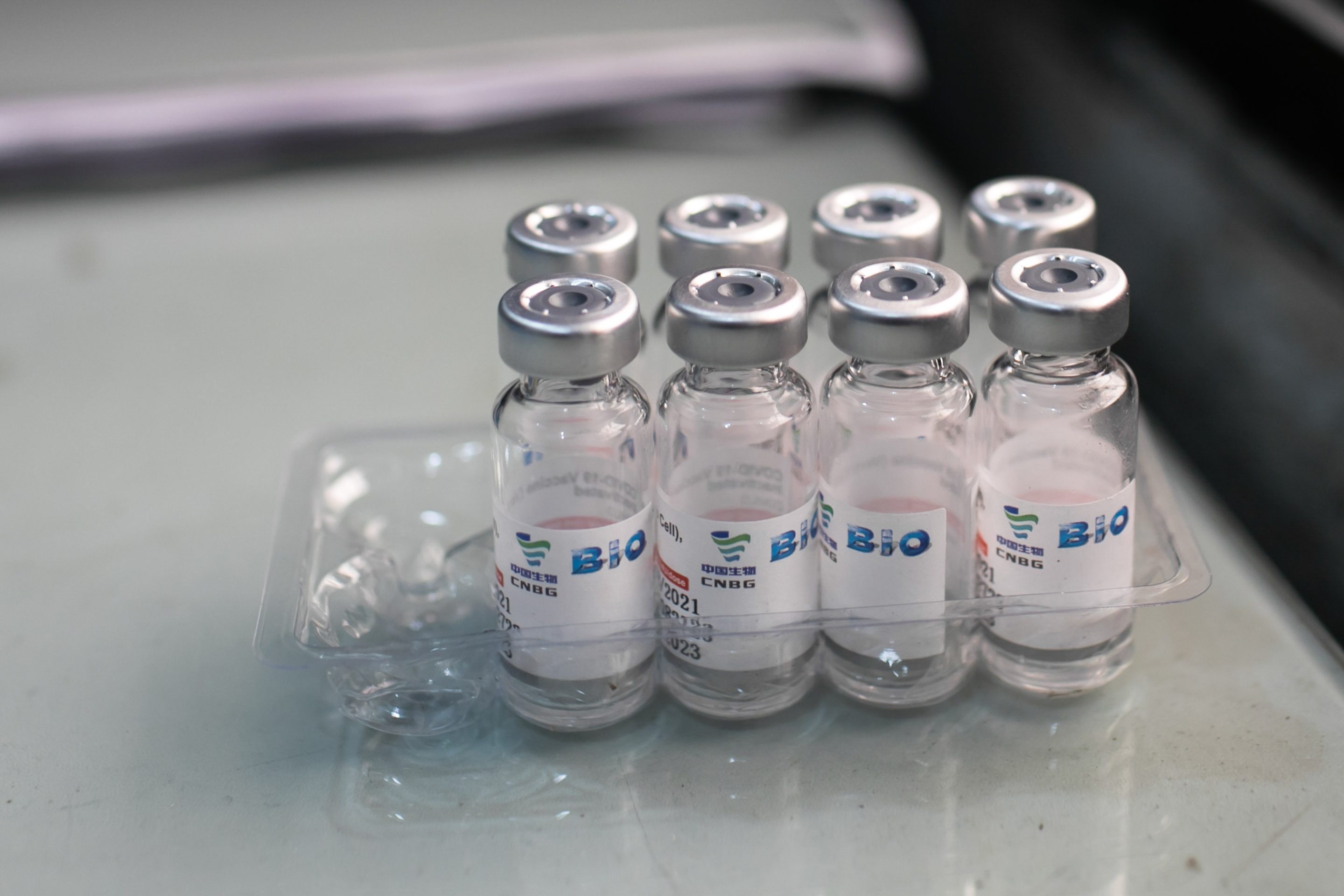 Vials containing Sinopharm COVID19 vaccine seen during a vaccination campaign at a vaccination center in Dhaka.