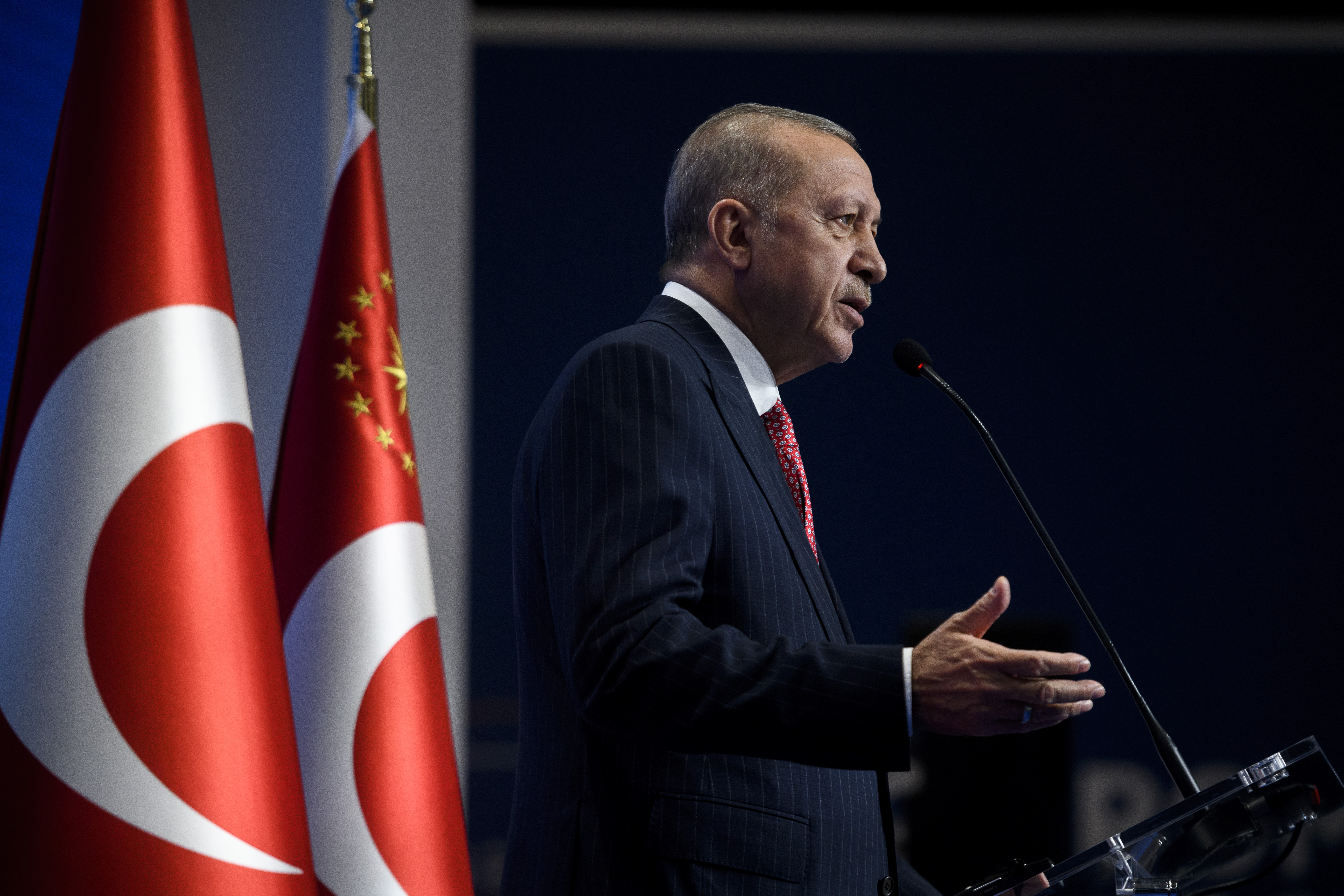 Turkish president Recep Tayyip Erdogan attends a press conference at the end of the Rome G20 Summit, on October 31, 2021 in Rome, Italy.