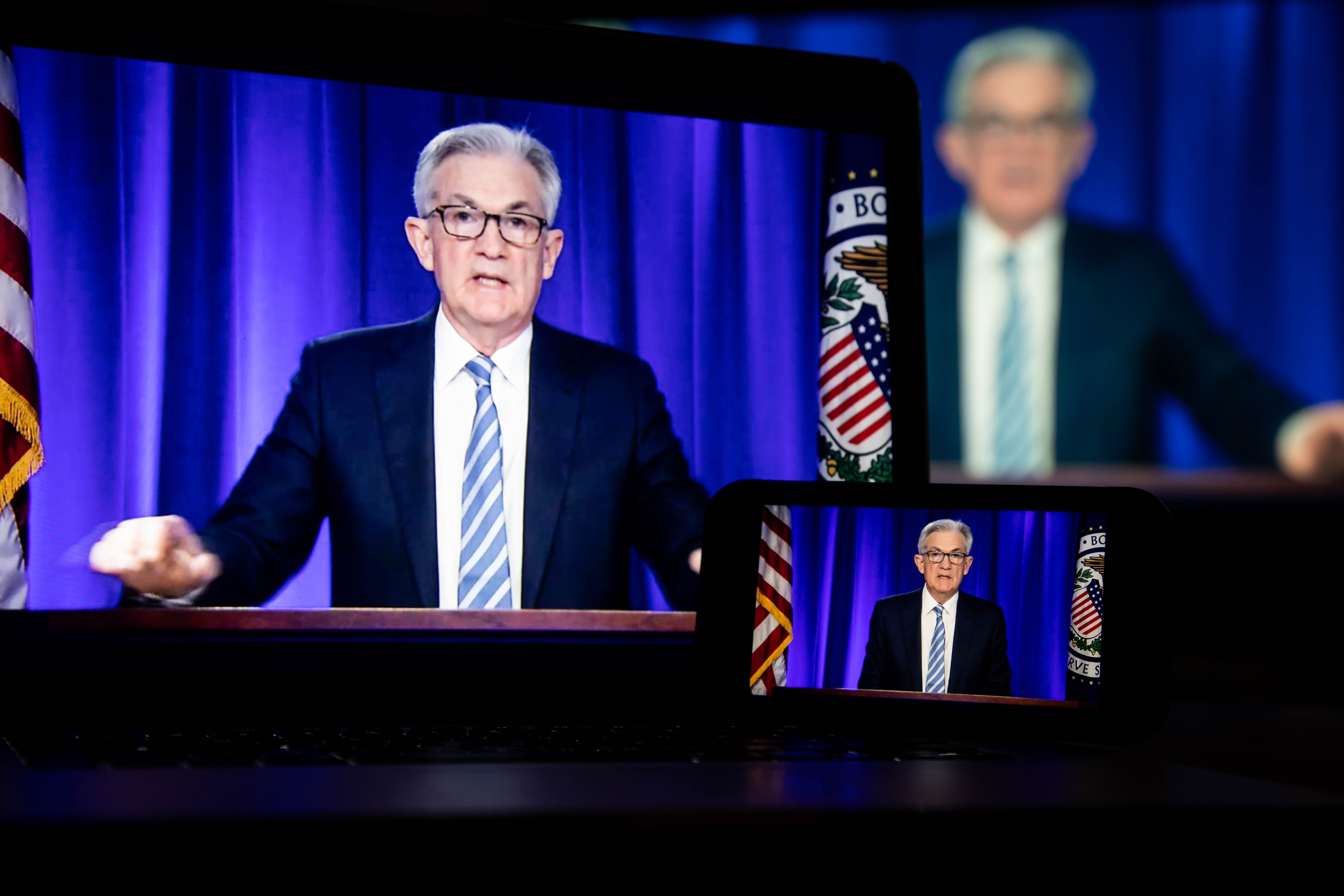 Jerome Powell, chairman of the U.S. Federal Reserve, speaks during a live-streamed news conference following a Federal Open Market Committee (FOMC) meeting in New York, U.S., on Wednesday, Dec. 15, 2021. 