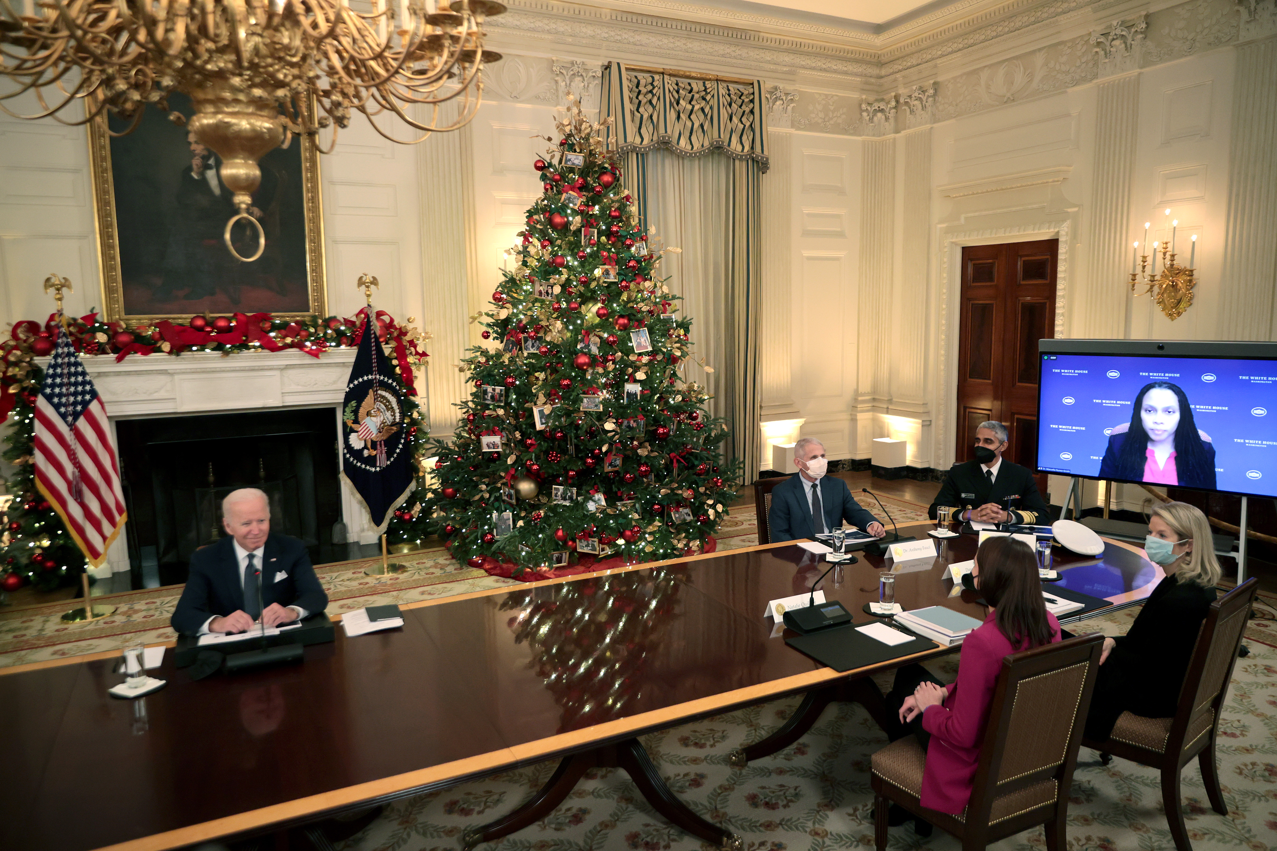 President Joe Biden delivers brief remarks before a meeting with the White House COVID-19 Response Team, including Dr. Anthony Fauci, Surgeon General Dr. Vivek Murthy, Natalie Quillian, and Dana Remus, at the White House on Dec. 9, 2021.
