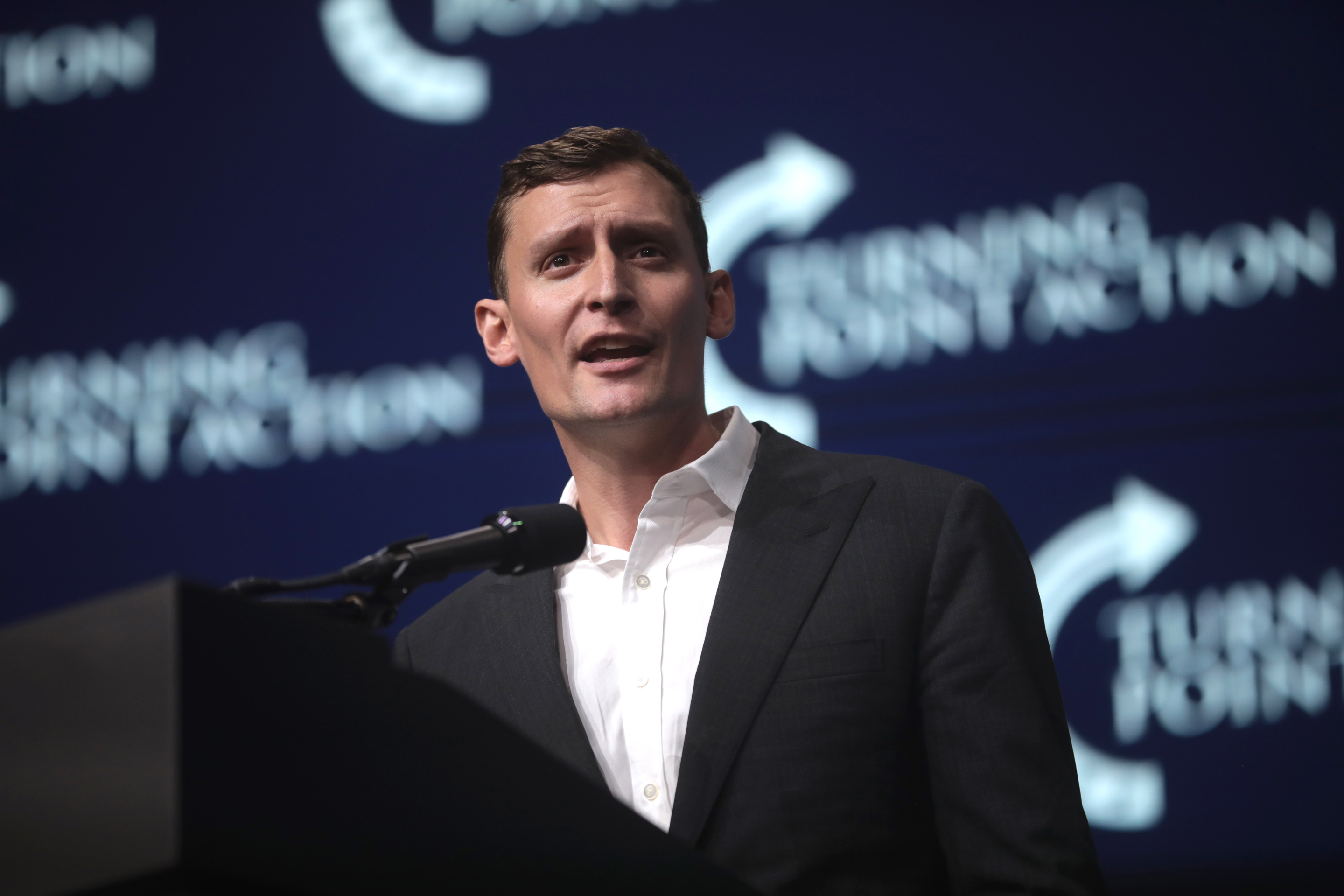 Blake Masters speaks at the Rally to Protect Our Elections, hosted by Turning Point Action, at Arizona Federal Theatre in Phoenix.