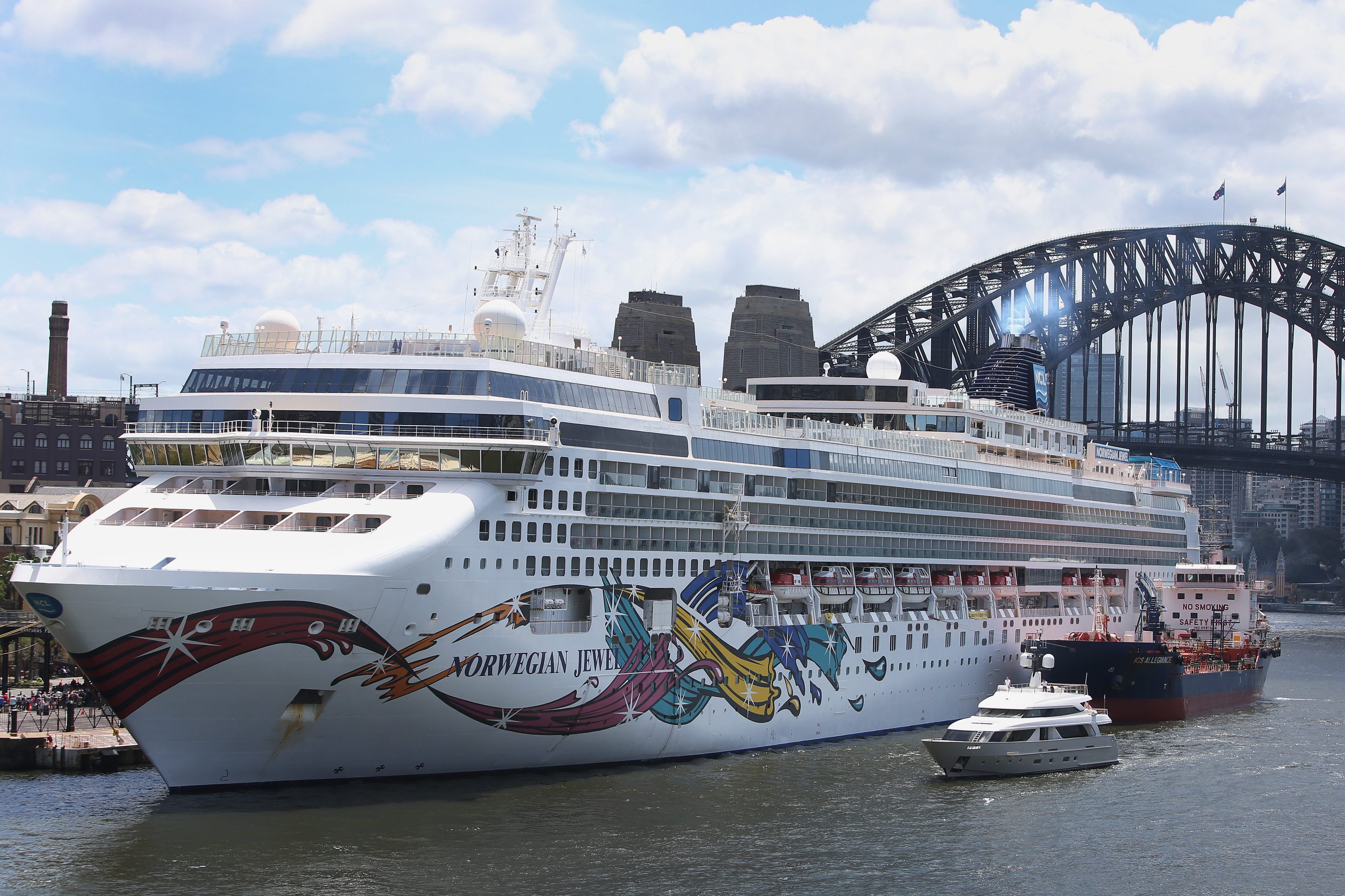The Norwegian Jewel cruise ship is in lock down while health authorities test a man for Coronavirus on February 14, 2020 in Sydney, Australia. Norwegian said they have canceled voyages on eight ships as all 92 ships in U.S. waters have reported COVID cases.
