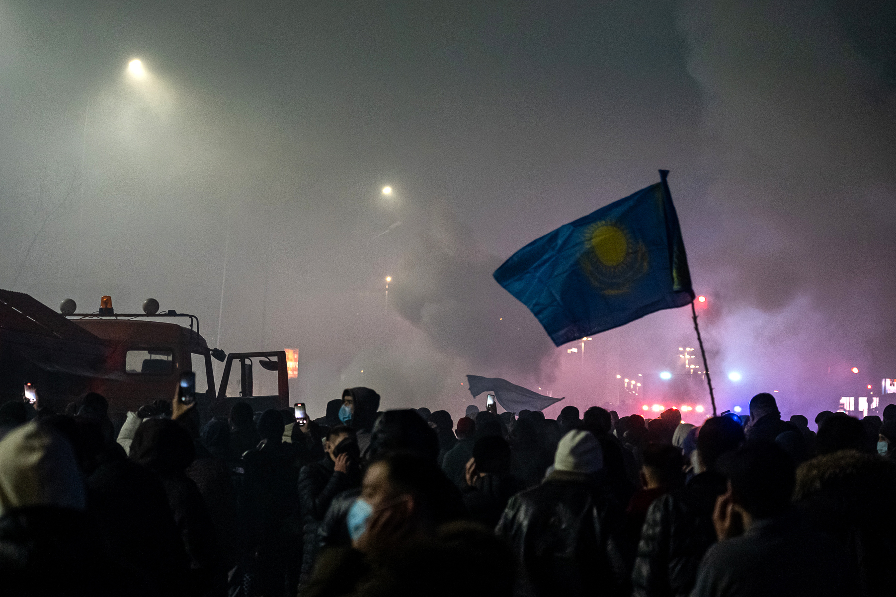 Protesters attend a rally in Almaty on January 4, 2022, after energy price hikes.